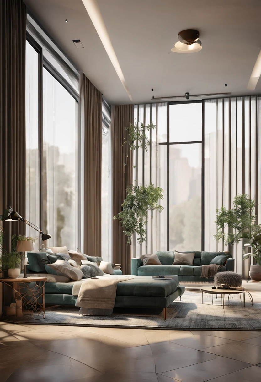Interior design of a room with two floor-to-ceiling windows, realism, modest furnishings
3D render