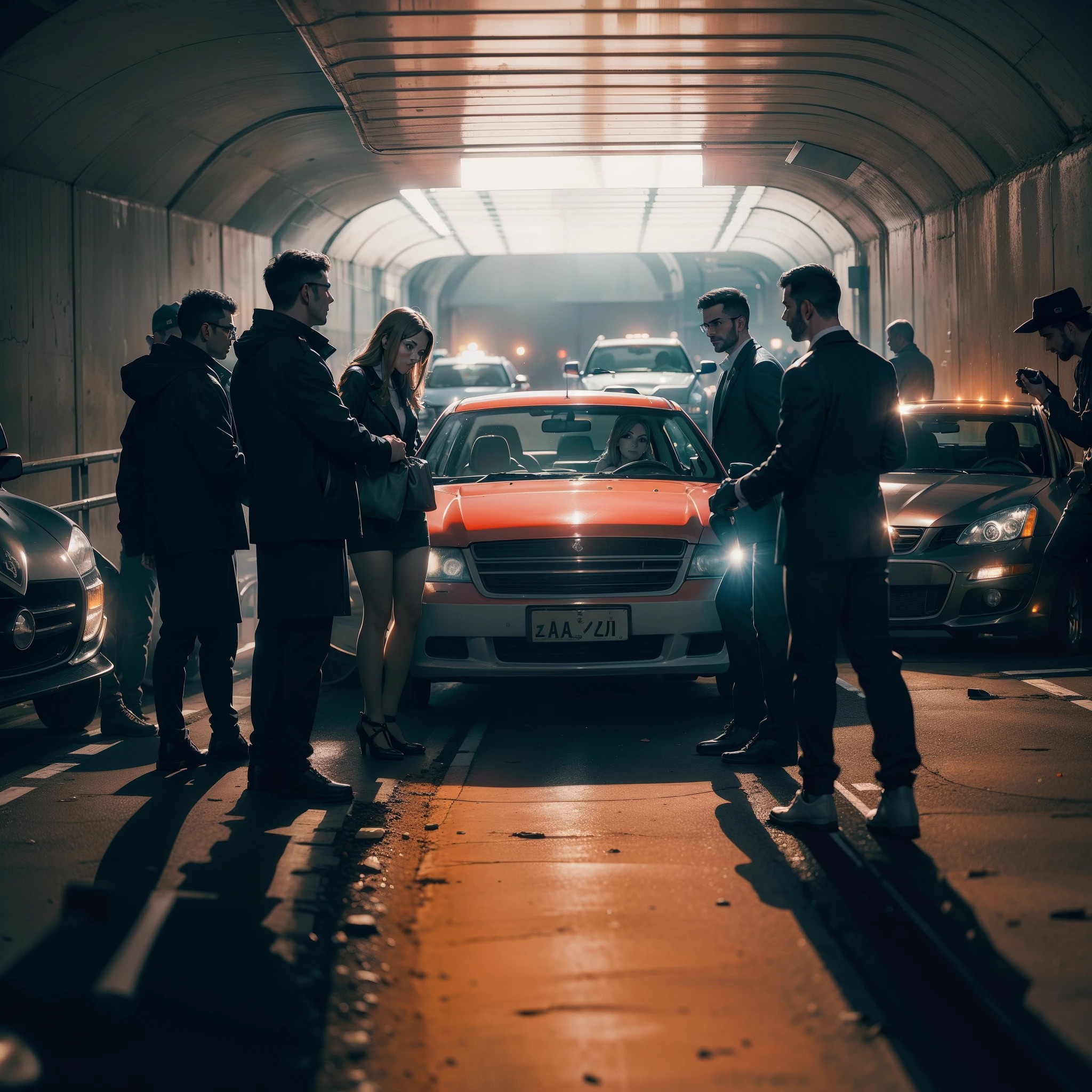 group of people finding cars in a tunnel, Underground, with an impressive cinematic style, em um encontro de rua repleto de carros modificados, sintonizados, com detalhes ultra detalhados. Introduce an inspiring woman and charismatic men.