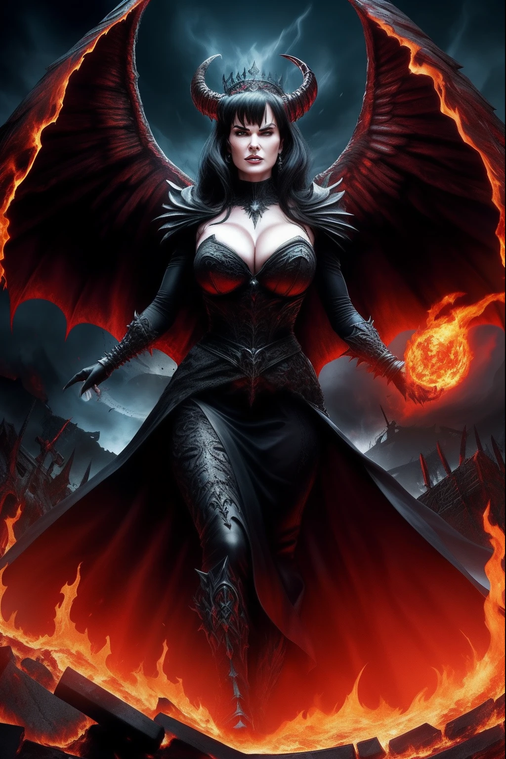 Ultra-detailed Lisa Ann stands atop a pile of burning ruins, Her diabolical and insidious presence radiating from her dark crown and black and red evil queen dress......................... Her demon wings on her back and demon horn give her an invincible aura as she unleashes a powerful wave of destruction with a single gesture................................................