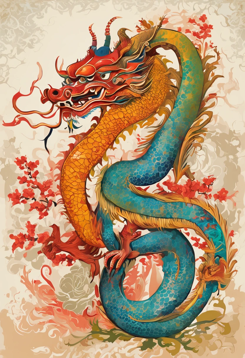 (China - chic Chinese dragon, Anatomically correct,Oriental elements),(China - chic illustration:1.5, Vector painting:1.5),(Chinese colors, senior color matching,Gradient background,White background),(Very detailed, reasonable design, Clear lines, High sharpness,Best quality, Masterpiece, offcial art, movie light effect, 4K )