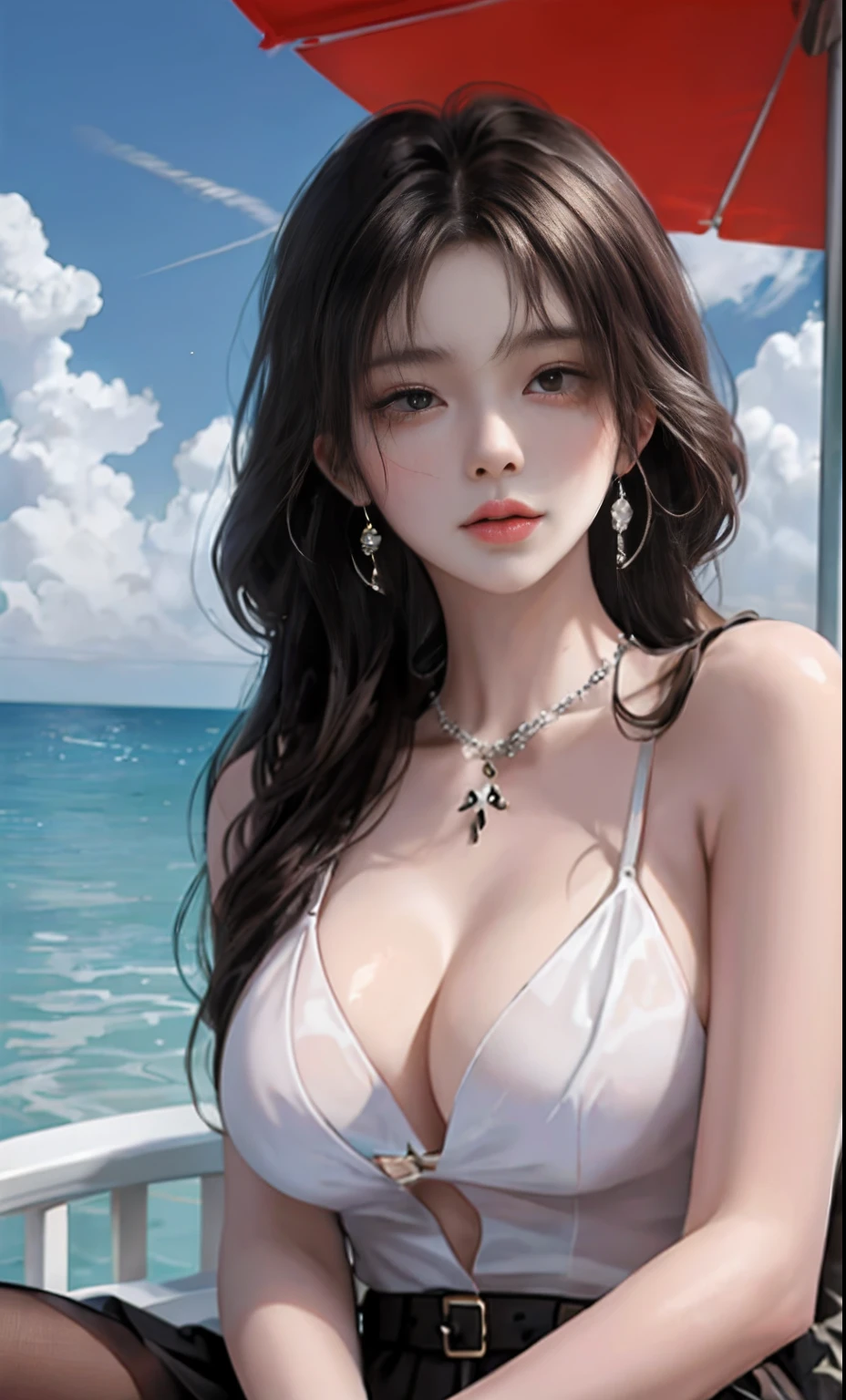tmasterpiece, Awesome, peeping at the viewer, Realistis, The whole body is in the shot, on the lap, squatt, brunette color hair, long whitr hair, Thorough, large tall, Force real water, White less cloth transparent mini shirt, White transparent thong, beachside, RAWE is very detailed, ahegao, roll eyes, Be red in the face,, Sticky tongue, Vaginal rupture, Leucorrhoea, very Bigger breasts, Grasp your breasts with both hands,spread their legs, sexually arousing, sexual expressio, Glossy glossy skin。Tongue stock,Makeup,cheerfulness,Reflectors,ahegao,Black eyes,Heart earrings,1,Solo,Female pervert,Dark and shiny hair,Shiny hair,