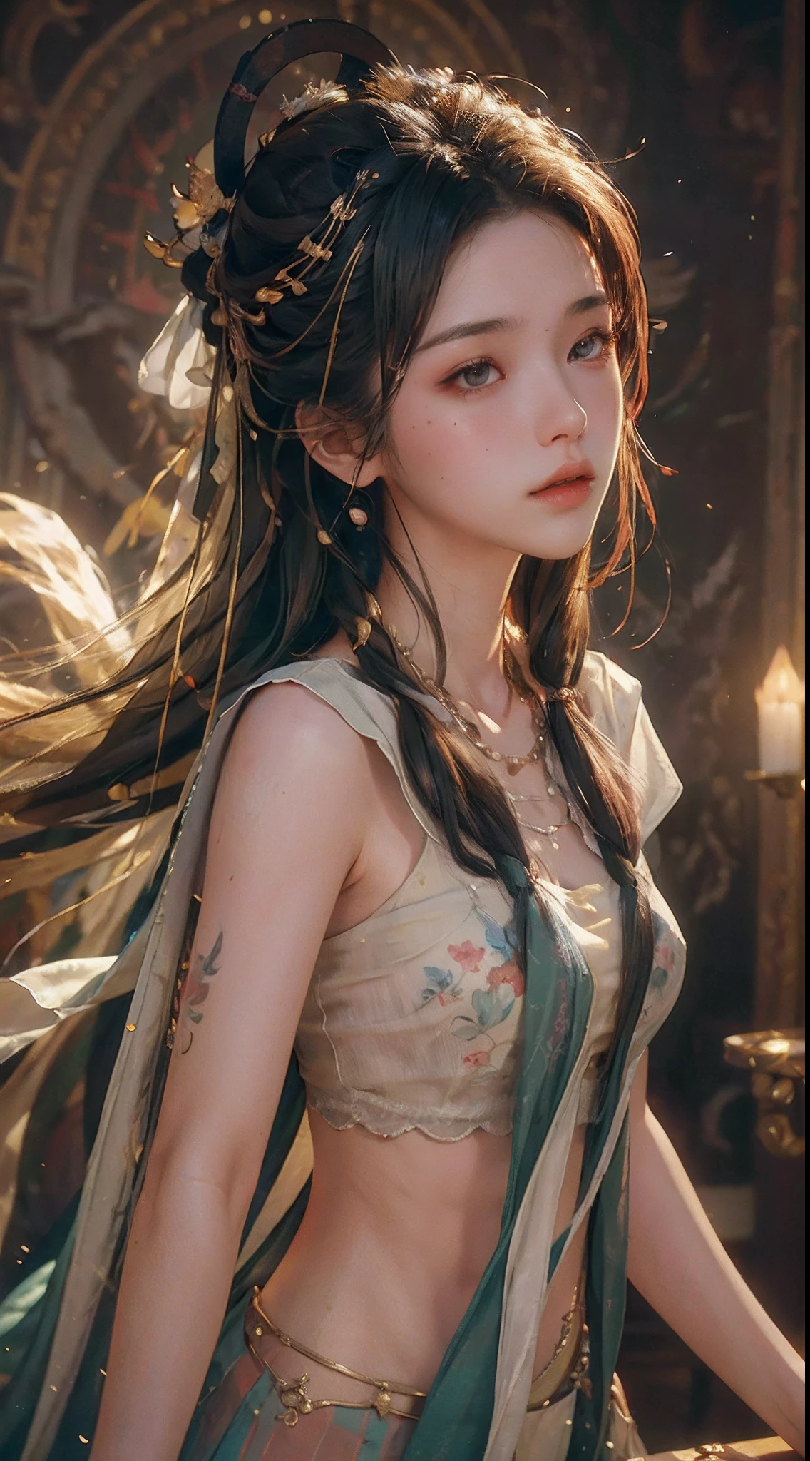 (RAW Photo, Best Quality), (Realistic, Photo Realistic: 1.3), Best Quality, Highly Detailed, Masterpiece, Hyperdetail, Illustration, 1 Girl, upper_body, Dynamic Angle, World Masterpiece Theater, messy_long_hair, Best Quality, Extremely Detailed CG Unified 8k Wallpaper, Ink, Amazing, Cinematic Lighting, lens_flare, Chu Chu Touching