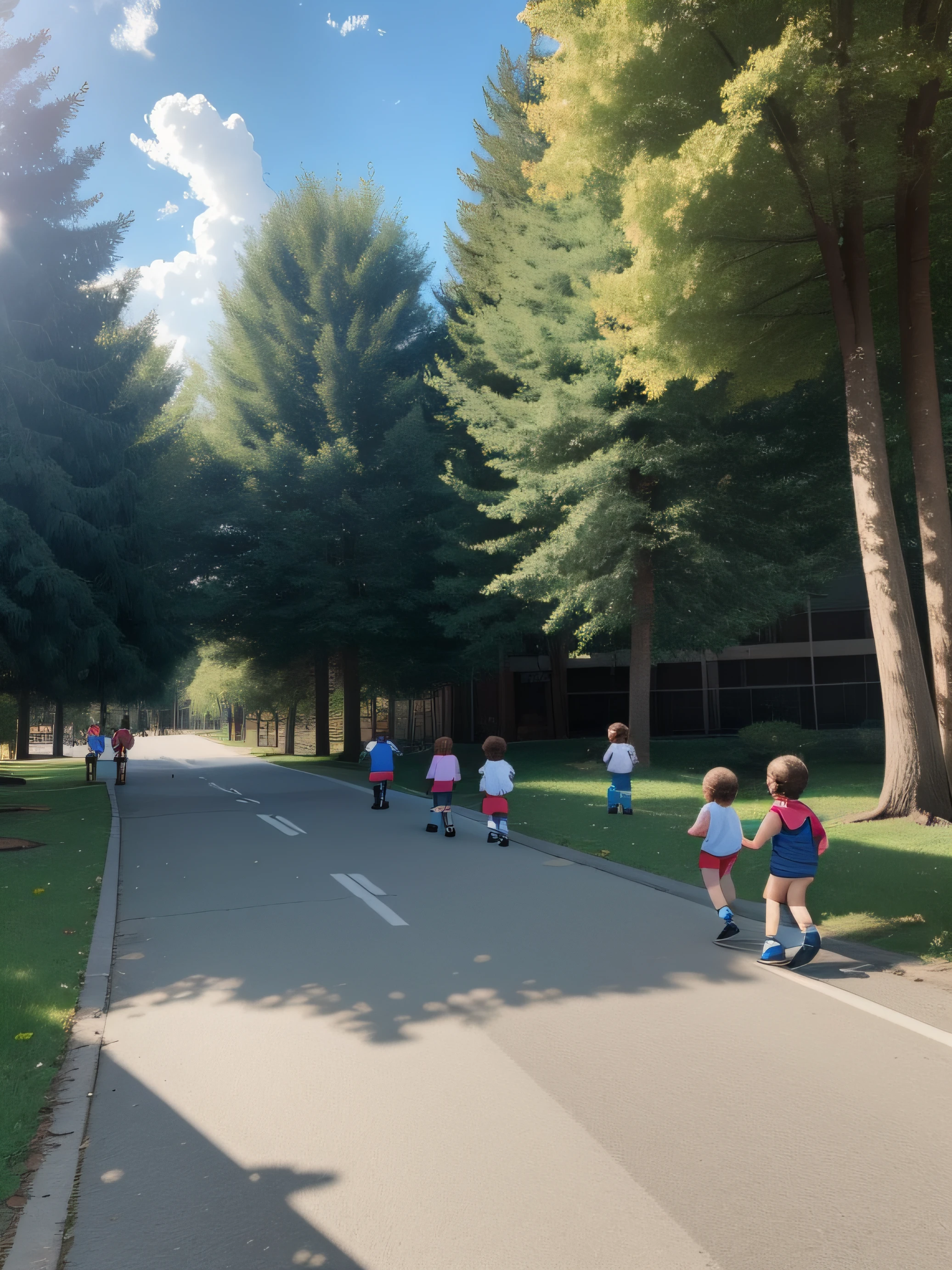 imagine a first day outside kinder gradten named Tiny Toon , trees around and pepole drpoing kids