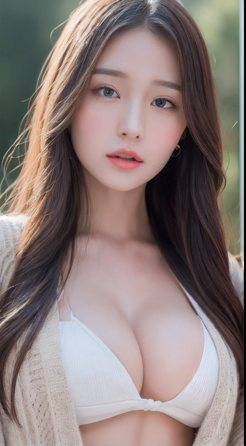 ((Best quality, 8k, Masterpiece :1.3)), 1girl, Pretty woman with slender abs :1.3, (Long hair, Huge breasts :1.2), Cardigan :1.1, Ultra-detailed face, Detailed eyes, Double eyelid