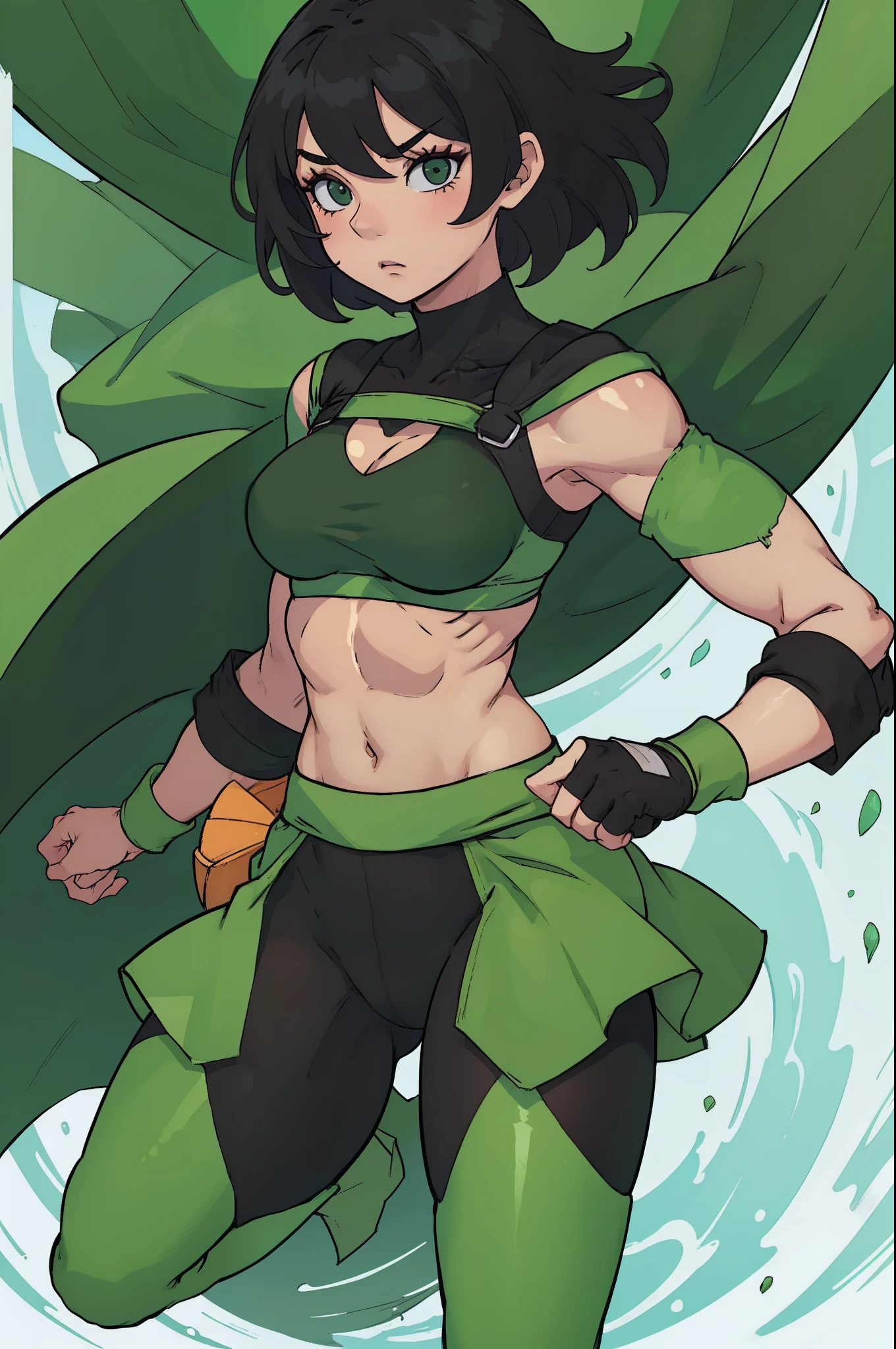 +(Fair skinned woman:1.2) wearing (green combat tights:1.1) and (hand bandages:1.1), (short black hair:1.2), (lean muscular body:1.2) with feminine curves.