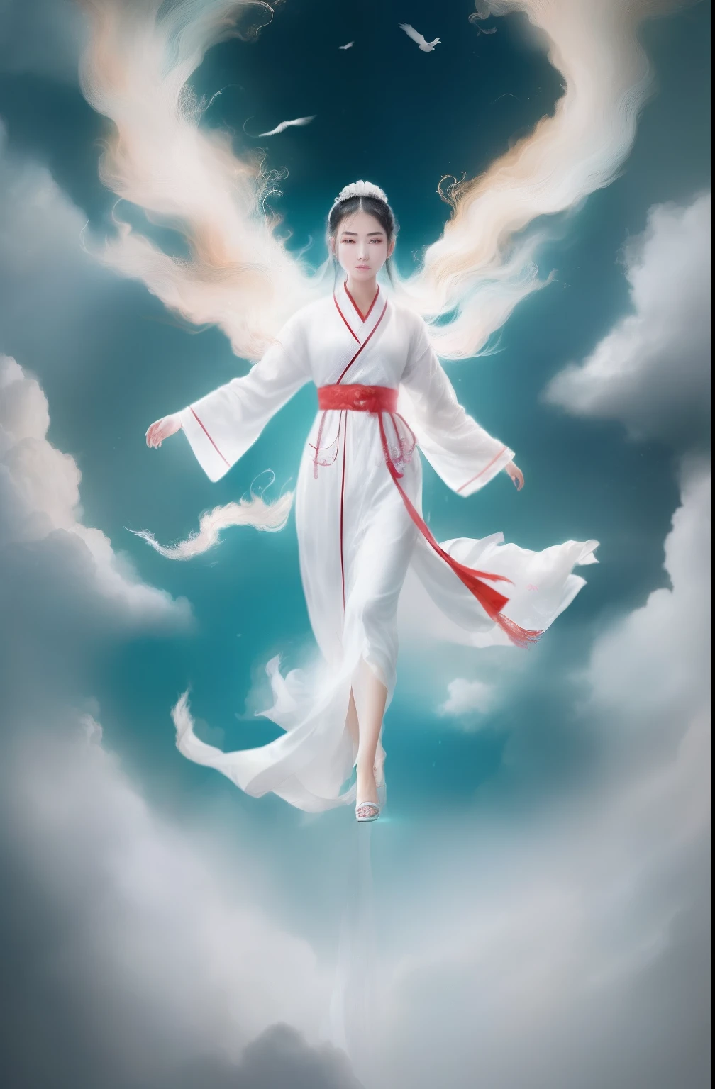 ((((1 girl)))),(white Chinese robe),
In a captivating scene, a beautiful woman adorned in a flowing white Chinese robe soars through the misty clouds on the back of a majestic Chinese phoenix. The wind gently lifts her robe, accentuating the sense of flight as they gracefully navigate the ethereal cloudscape.