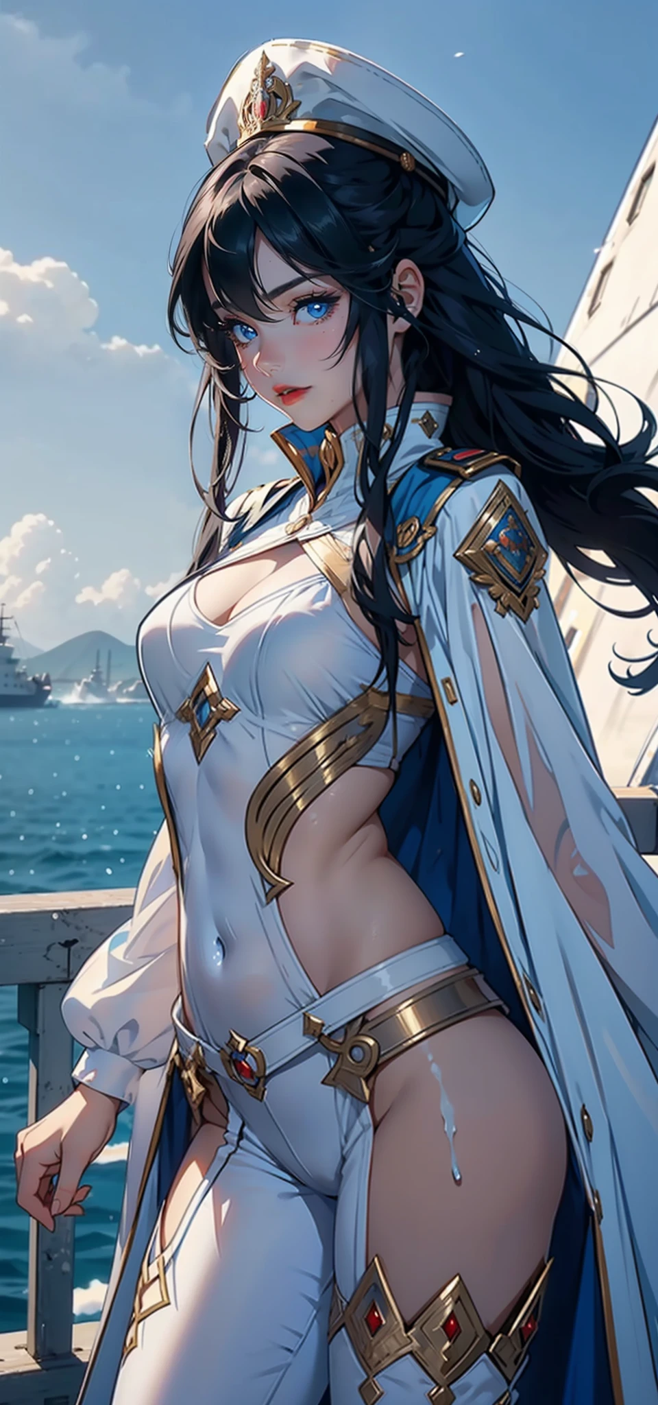 1womanl,3 ,bit girl,Small loli,smalnderboob,Raised sexy,Pornographic exposure, 独奏,Beauty contests,standing on your feet(Background with:the sea,snow mountains,warships,at winter season,Blizzarding,Big snowflakes)On warships, with his long black hair,Long hair flutters in the wind,dynamicposes,Sweat profusely,drenched all over the body,seen from the front, hair straight, mostly cloudy sky,(((tmasterpiece),(Very detailed CG unity 8K wallpaper),best qualtiy,cinmatic lighting,detailed back ground,beatiful detailed eyes,Bright pupils,(Very fine and beautiful),(Beautiful and detailed eye description),Blue eyes,Redlip,ultra - detailed,tmasterpiece,)),facing at camera,(The upper part of the body),A high resolution,ultra - detailed),revealing breasts,Bare genitalia, Bulge,legs are open,sexyposture,Camel toes,Flushed complexion,Open-mouthed,frontage,French officer,Officer's cap,elementary ite cloak,down jacket,White winter officer uniform,Sexy leggings,Armour,Gold wire embroidery,Snowflake decoration)