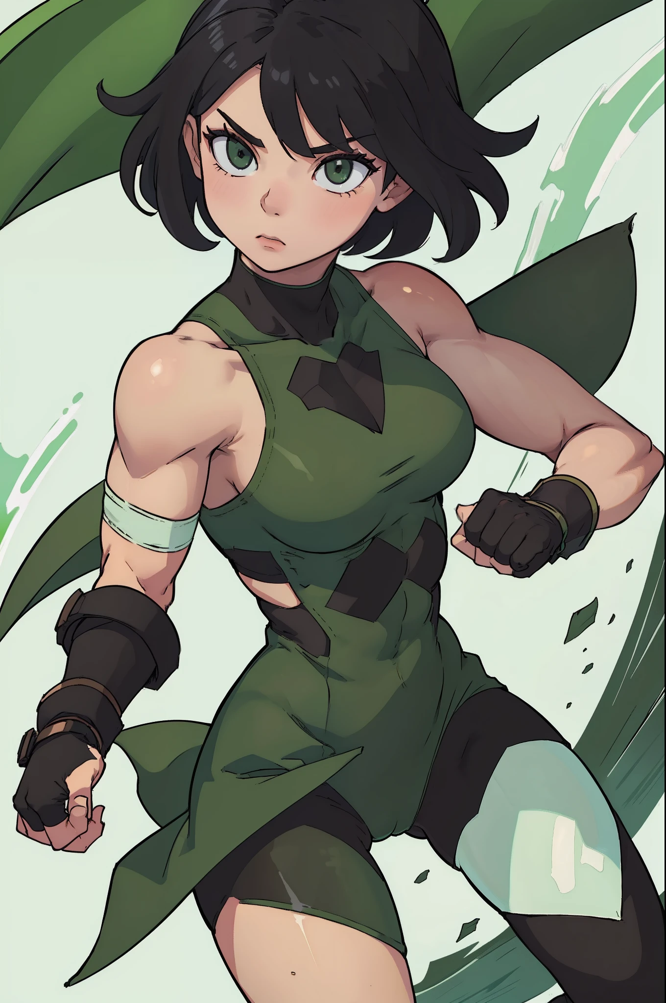 +(Fair skinned woman:1.2) wearing (green combat tights:1.1) and (hand bandages:1.1), (short black hair:1.2), (lean muscular body:1.2) with feminine curves.