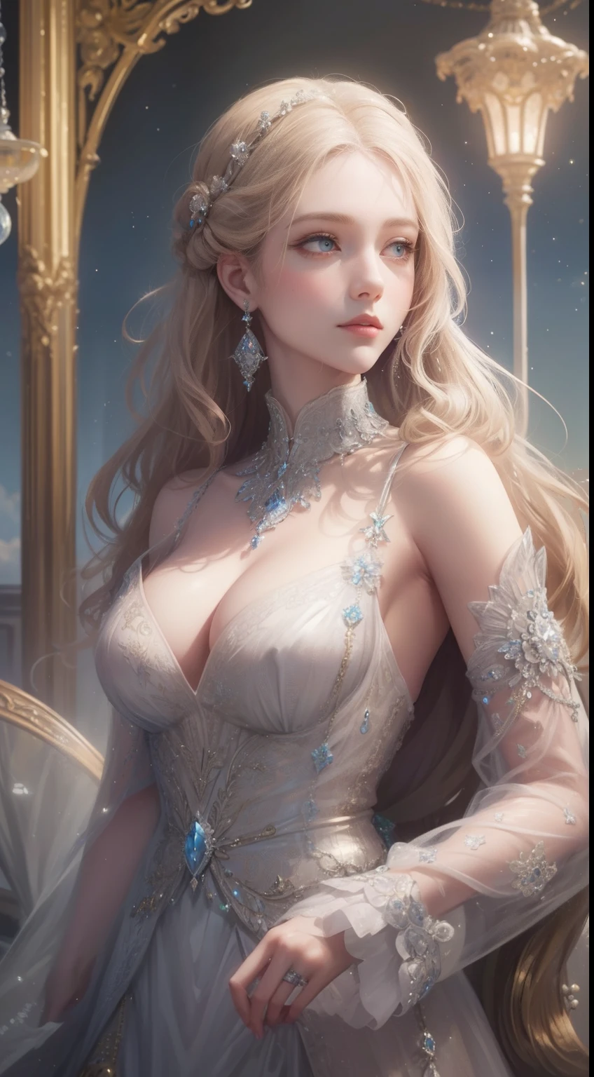 tmasterpiece,Highest high resolution,Bust of a beautiful noble maiden,Delicate braided hair,Coiled hair,Shining clear eyes,The hair is covered with beautiful and delicate jewelry floral craftsmanship, crystal、Diamond jewelry filigree,Ultra-detailed details,upscaled,softlighting。