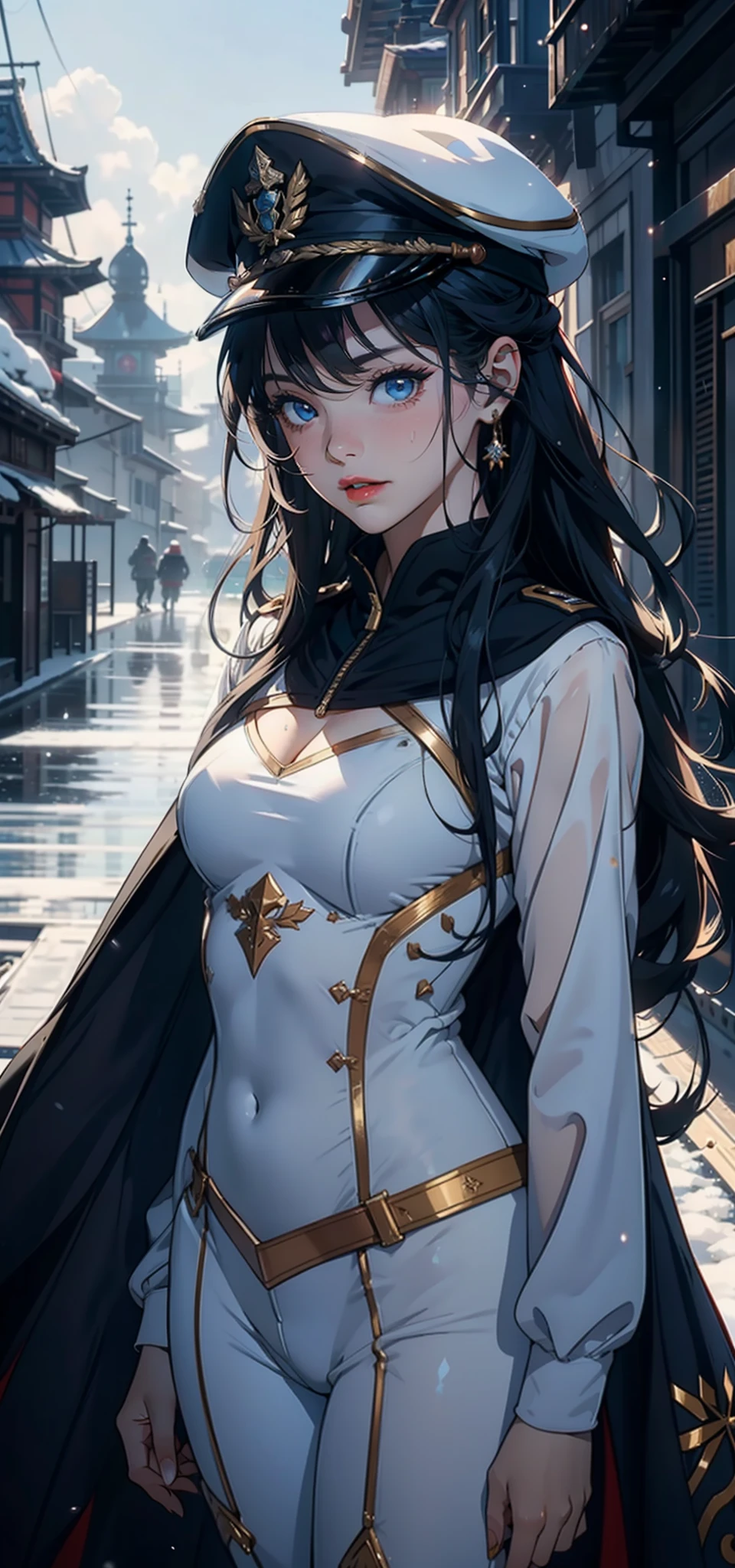 1womanl，3 years old，bit girl，Small loli，smallunderboob，Raised sexy，Pornographic exposure， 独奏，Beauty contests，standing on your feet（Background with：the sea，snow mountains，warships，at winter season，Blizzarding，Big snowflakes）On warships， with his long black hair，Long hair flutters in the wind，dynamicposes，Sweat profusely，drenched all over the body，seen from the front， hair straight， mostly cloudy sky，（（（tmasterpiece），（Very detailed CG unity 8K wallpaper），best qualtiy，cinmatic lighting，detailed back ground，beatiful detailed eyes，Bright pupils，（Very fine and beautiful），（Beautiful and detailed eye description），Blue eyes，Redlip，ultra - detailed，tmasterpiece，）），facing at camera，（The upper part of the body），A high resolution，ultra - detailed），revealing breasts，Bare genitalia，  Bulge，legs are open，sexyposture，Camel toes，Flushed complexion，Open-mouthed，frontage，French officer，Officer's cap，elementary student（Wearing：White cloak，down jacket，White winter officer uniform，Sexy leggings，Armour，Gold wire embroidery，Snowflake decoration）