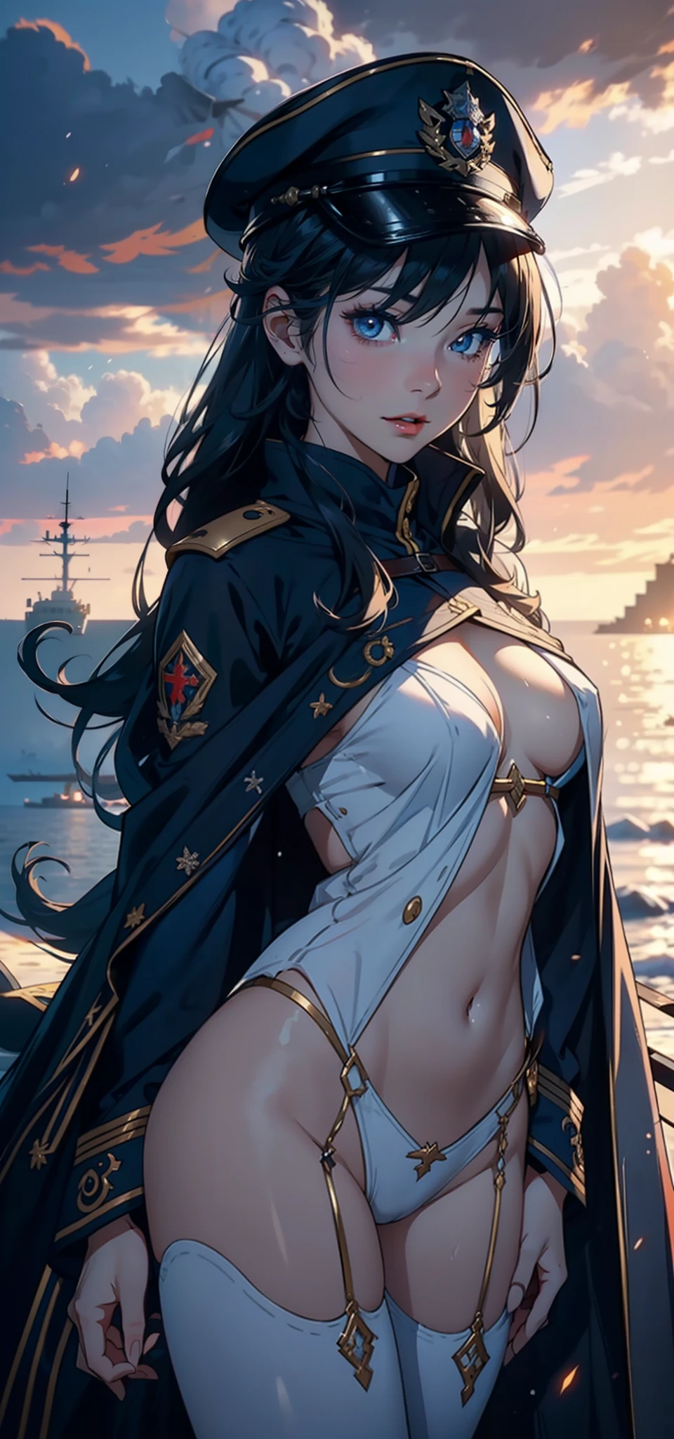 1womanl，3 ，bit girl，Small loli，smalnderboob，Raised sexy，Pornographic exposure， 独奏，Beauty contests，standing on your feet（Background with：the sea，snow mountains，warships，at winter season，Blizzarding，Big snowflakes）On warships， with his long black hair，Long hair flutters in the wind，dynamicposes，Sweat profusely，drenched all over the body，seen from the front， hair straight， mostly cloudy sky，（（（tmasterpiece），（Very detailed CG unity 8K wallpaper），best qualtiy，cinmatic lighting，detailed back ground，beatiful detailed eyes，Bright pupils，（Very fine and beautiful），（Beautiful and detailed eye description），Blue eyes，Redlip，ultra - detailed，tmasterpiece，）），facing at camera，（The upper part of the body），A high resolution，ultra - detailed），revealing breasts，Bare genitalia，  Bulge，legs are open，sexyposture，Camel toes，Flushed complexion，Open-mouthed，frontage，French officer，Officer's cap，elementary ite cloak，down jacket，White winter officer uniform，Sexy leggings，Armour，Gold wire embroidery，Snowflake decoration）