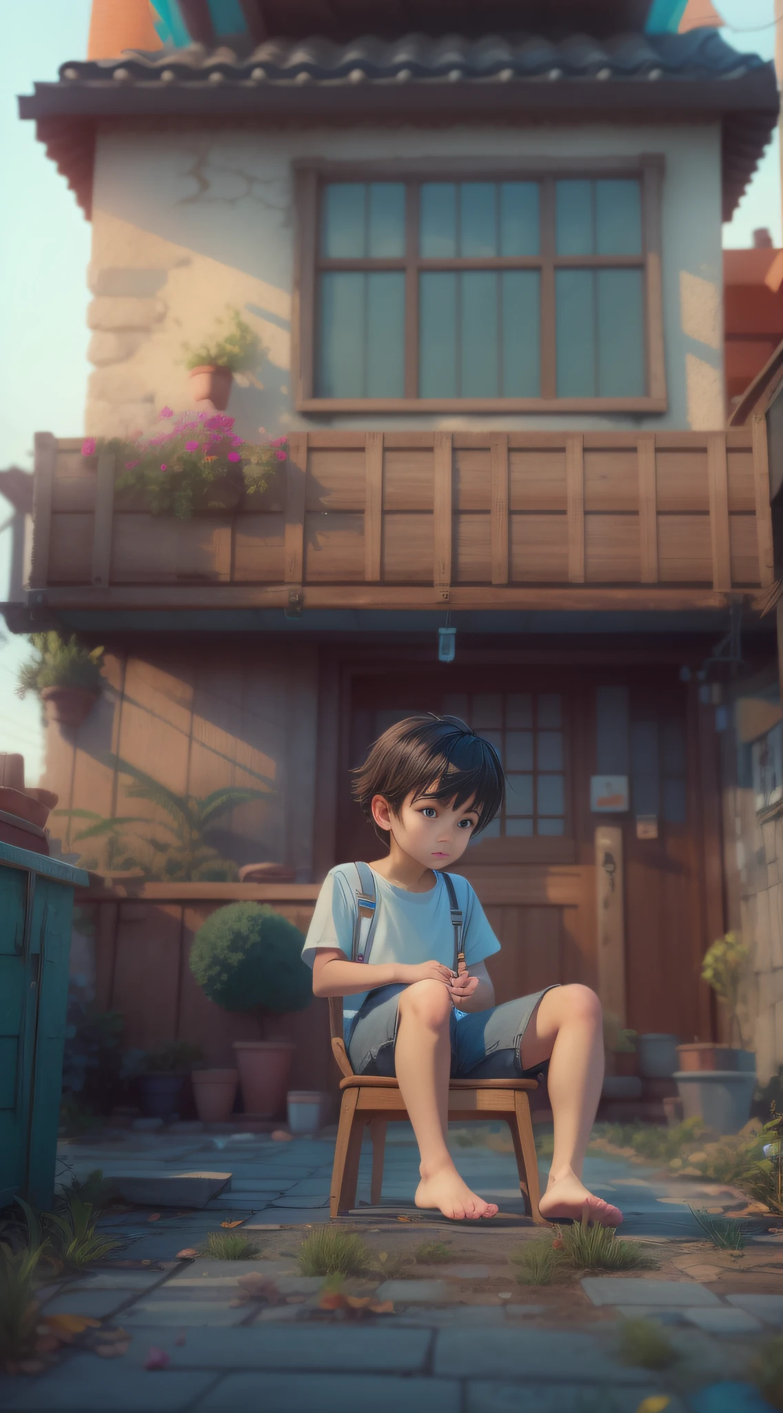 There is a poster，It features a boy sitting on a roof，short detailed hair，Denim suspenders，The barefoot，depth of fields，high light，Real light，Ray traching，Animation-style rendering，movie picture quality，style of disney animation，oc rendered，Hyper-realistic，best qualtiy，8K，Works of masters，super-fine，Detailed pubic hair，Correct anatomy，sharp focus on eyes，Bokeh，Facial features are carefully depicted