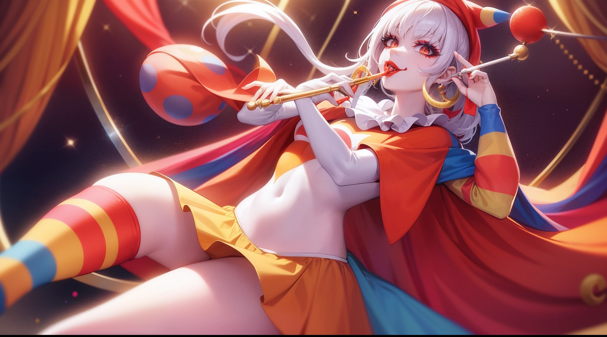 clown with clown clothes playing flute in the circus, white face, makeup face, light orange eyes, glitter circus background
