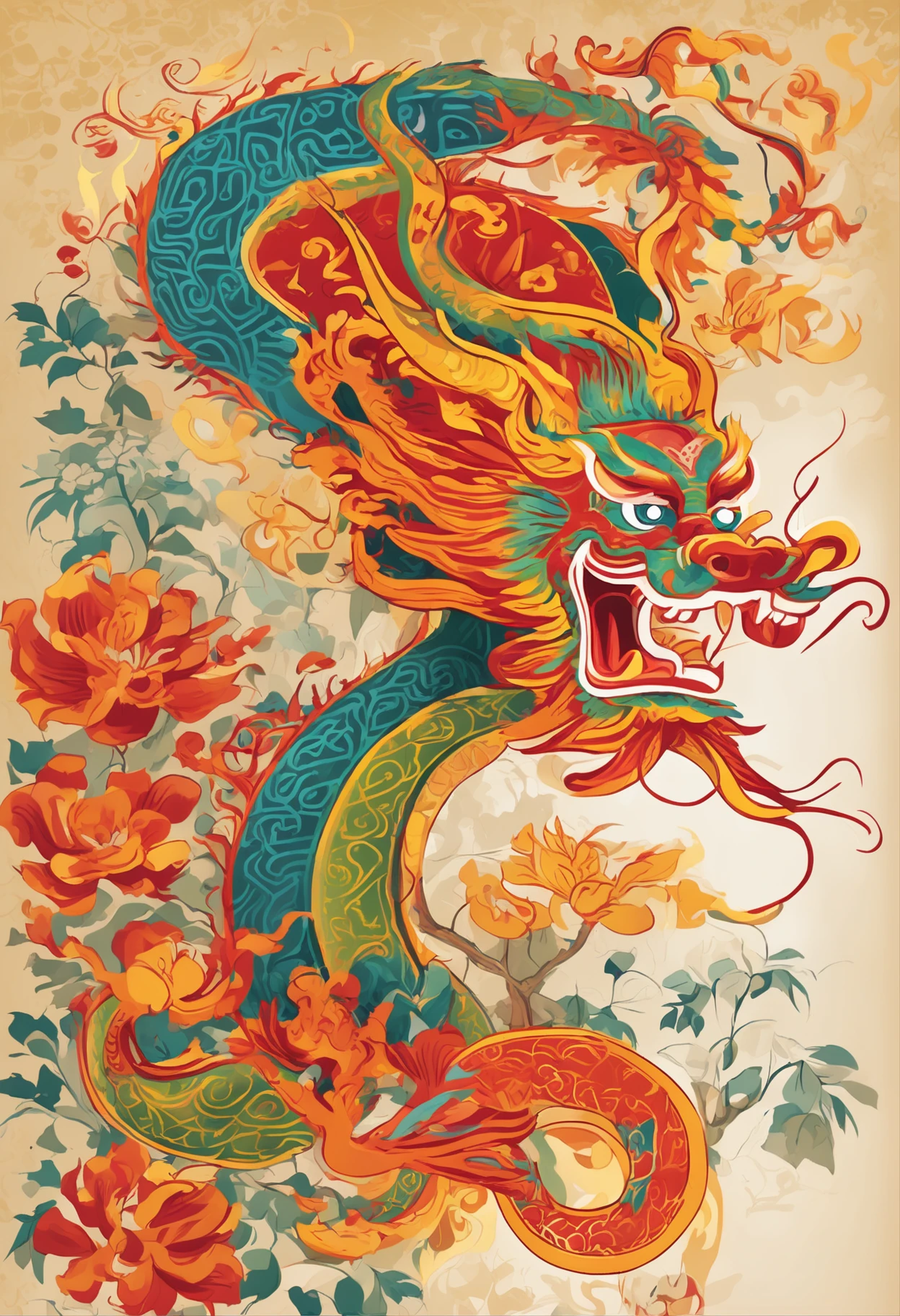 (China - chic Chinese dragon, Anatomically correct，Oriental elements),（China - chic illustration:1.5, Vector painting:1.5),(Chinese colors, senior color matching,Gradient background,White background),(Very detailed, reasonable design, Clear lines, High sharpness,Best quality, Masterpiece, offcial art, movie light effect, 4K )
