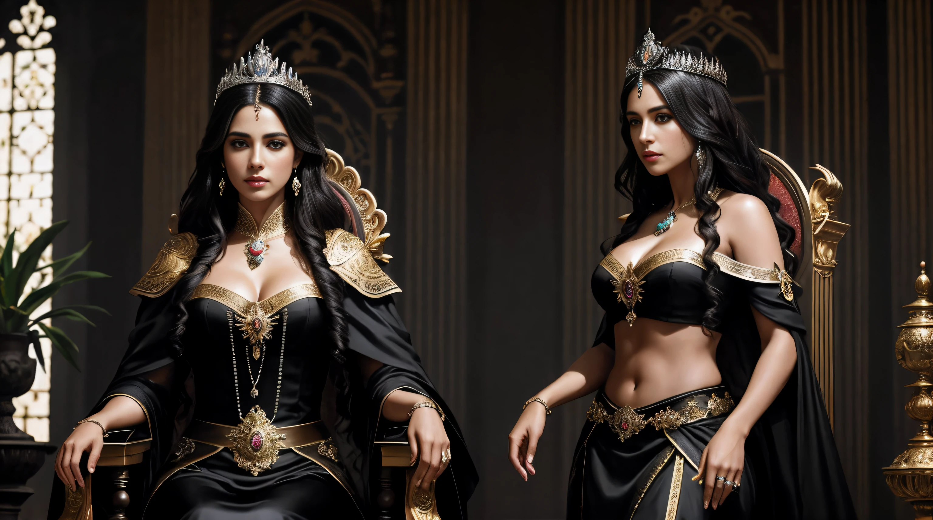 uma Foto de corpo inteiro de uma bela rainha com cabelo preto sentada um trono preto, 8k intrincado, elegante, altamente detalhado, majestoso, fotografia digital, arte de artgerm e ruan jia e greg rutkowski pintura surreal de borboletas pretas filigrana, vidro quebrado (obra-prima, side-lighting, belos olhos finamente detalhados: 1.2 ), hdr