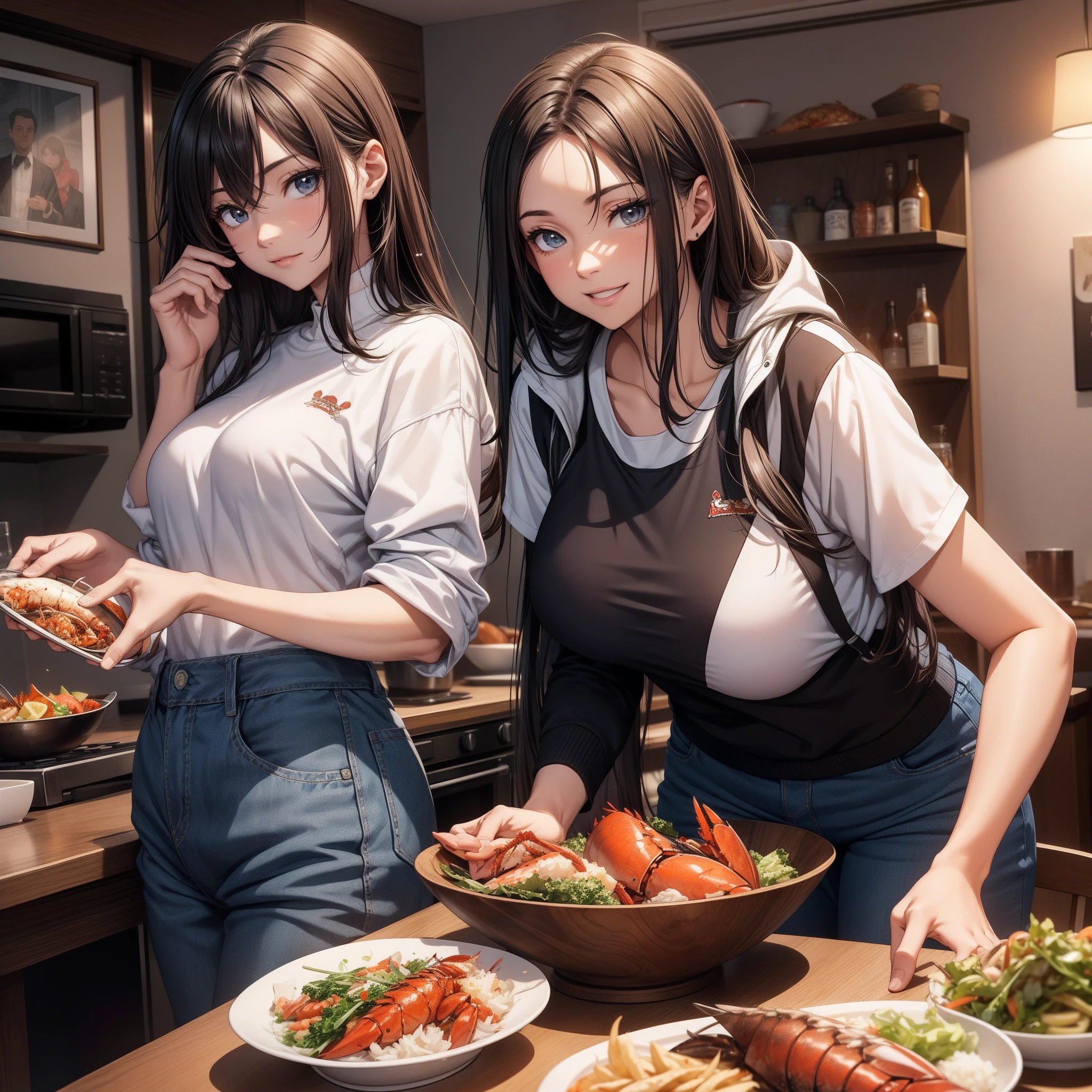 （8K ，hyper-detailing，A masterpiece of hyper-realistic photography，natural，Perfect artwork，Perfect female body），Two cute busty girls），Neat and clean kitchen，Virtual Showcase，Red similar hairstyle，Cute and beautiful girl，Vacuum apron，loose apron，aprons，Put on an apron，embedding，cool apron，larger lines，slovenly，stretch the meat，marmalade，The kinky  exposed ，titmouse，Full body photo