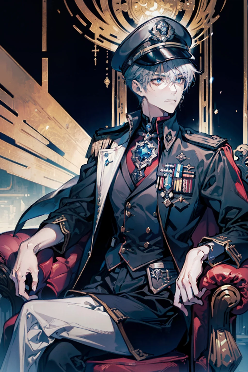 1 man, kurzes schwarzes haar, rote pupillen, gut aussehend, ohrringe, schmuck, Sitting on large marble throne, final fantasy, blasse haut, narbe im gesicht, Black high-level military uniform with gold and silver accessory, Peaked cap, kaiser, herrscher, imperator, generalfeldmarschall, oberkommandant, Grand Admiral, Dark Amtosphere, erhabener blick, selbstbewusst, gekreuzte beine, elegant, full entire body, ultra details, viele details, hight resolution, perfekte proportionen, scharfer blick, seidenes haar, thronsaal, marmor, elegante pose, Beautiful  eyes,