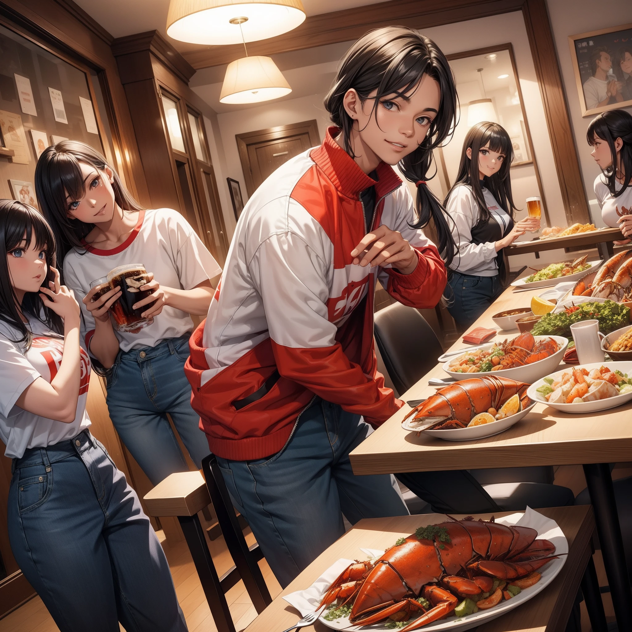 Best quality,tmasterpiece,Beutiful women,track suit,Inside a private apartment,Several people ate a happy meal,Sit at the same big dining table,A variety of seafood dishes are served at the table,Large lobster,huge crab,Big fish,One person eats crabs,Take photos alone,Man in scissor hands,A man is eating a large lobster,A man drinks beer,short- sleeved,denim pant,Everyone was happy,having fun,Laughing heartily,a joyful atmosphere,Modern room,