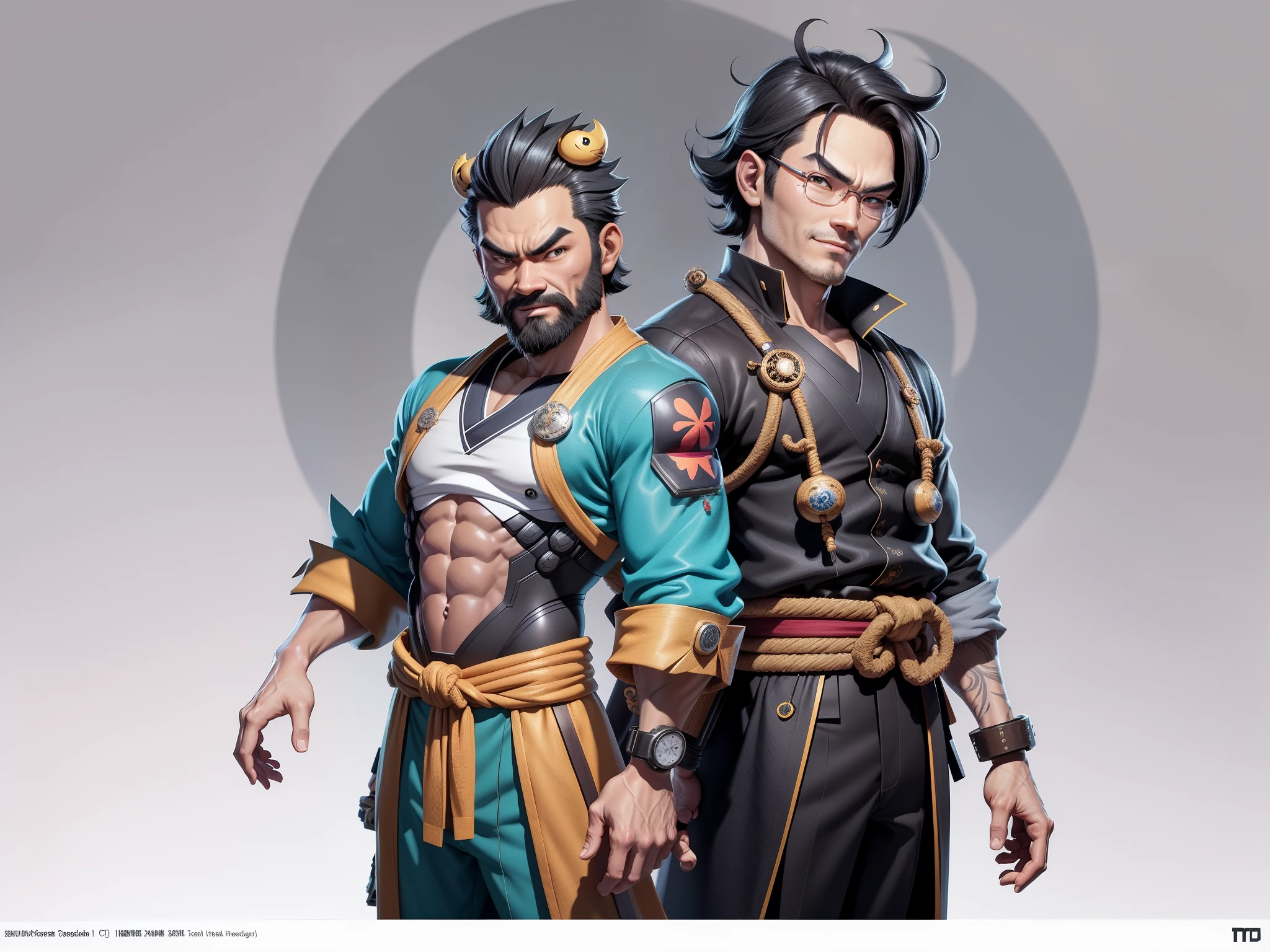 (Daisaku),(Need),(Super meticulous),(full bodyesbian:1.2),Super young man with Japanese geisha，Beautiful，orient，one tiger，Aeolian Thor，Raised sexy，爆乳，Oriental face，TV Anchor，Bust portrait illustration，In black suit，a blue tie，The face is slightly chubby，The face was clean，without a beard，Black super short hair，Black eyes，Smile confidently，3C computer sub-products，iPad， iphone，Digital painting，3D character design by Mark Clairen and Pixar and Hayao Miyazaki and Akira Toriyama，The illustration is a high-definition illustration in 4K resolution，With very detailed facial features and cartoon-style visuals。