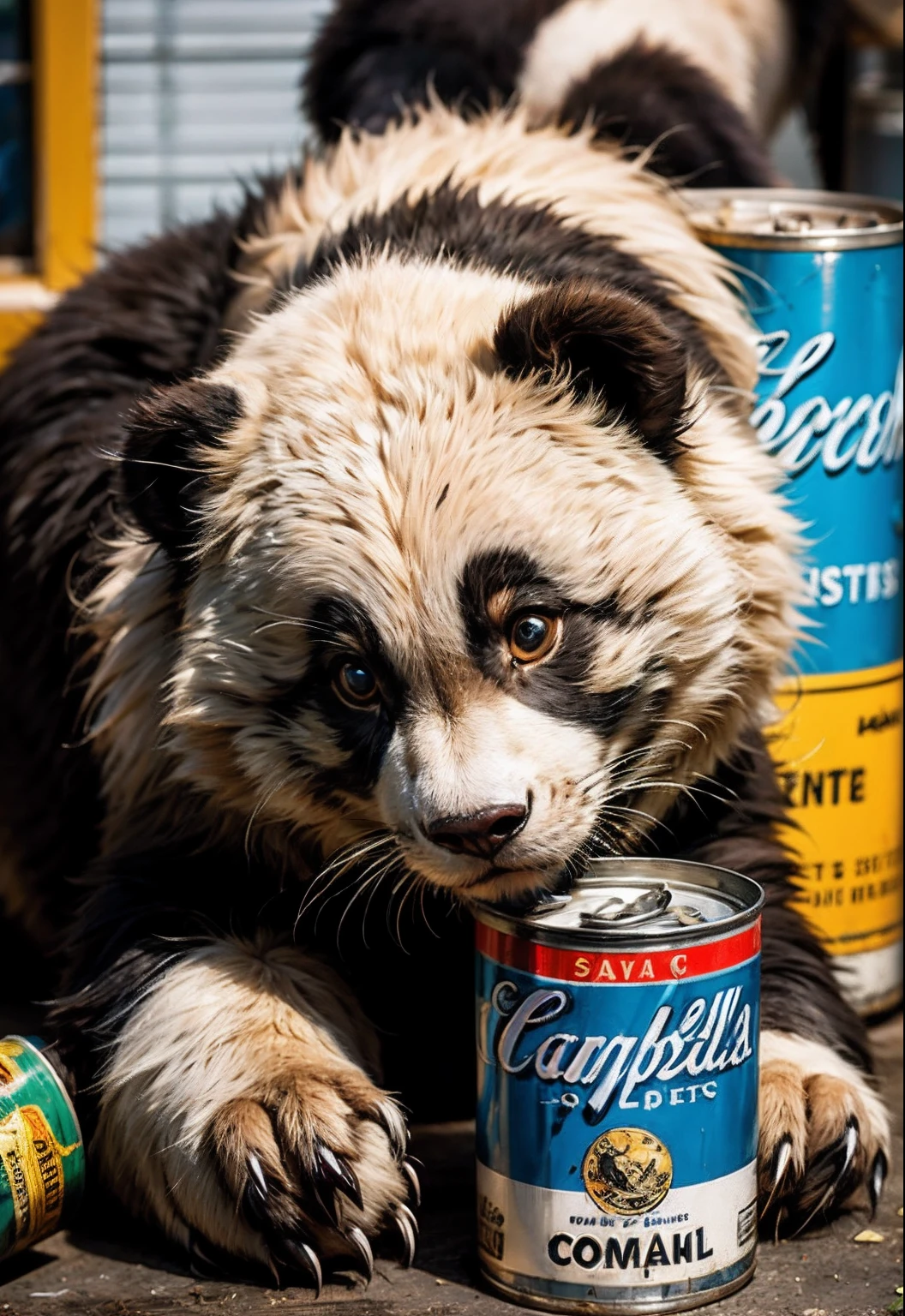 tmasterpiece、top-quality、top-quality、Andy warhol、Close-up photo of rusty Campbell's soup can、The is very detailed、Extremely colorful、highestdetailed、frontage、There is a panda cub in the middle area、adolable