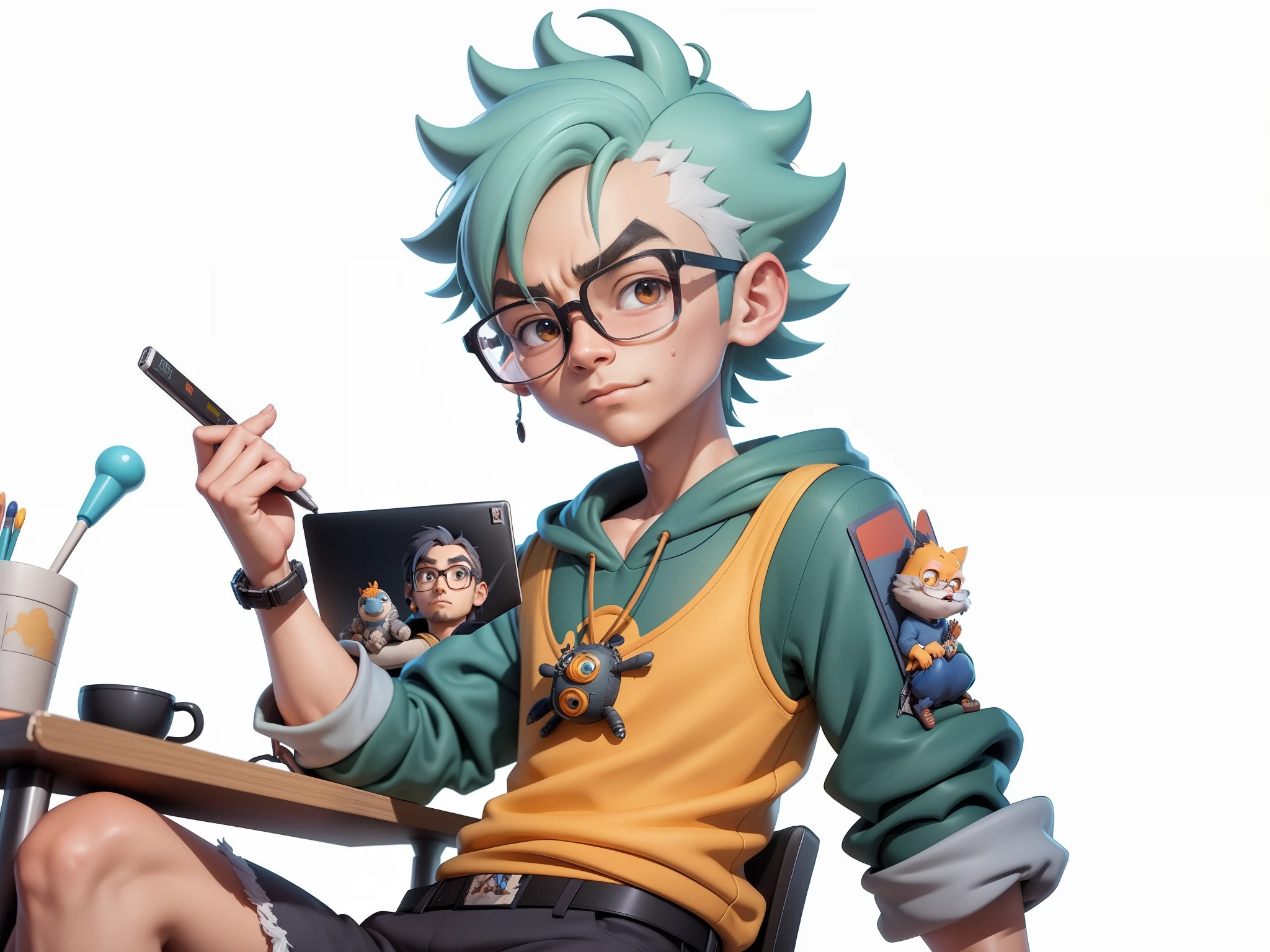 A young man with glasses sits at his desk,holding laptop,digitial painting,3D character design by Mark Clairen and Pixar and Hayao Miyazaki and Akira Toriyama,4K HD illustration,Very detailed facial features and cartoon-style visuals。