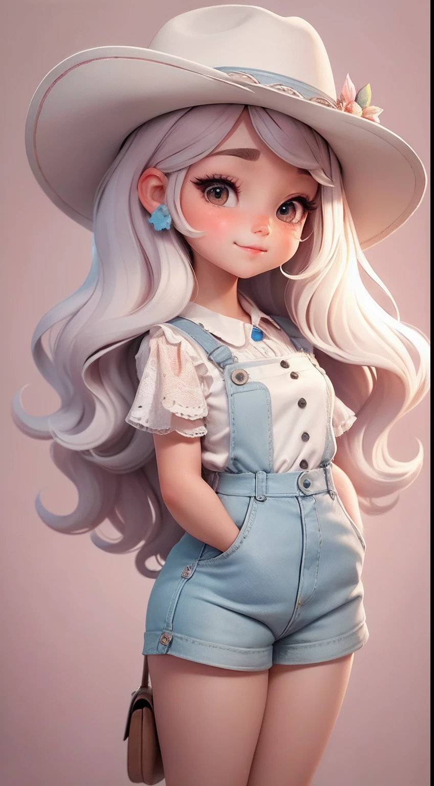 Create a series of cute white chibi style white skin dolls with a cute cowgirl theme, each with lots of detail and in an 8K resolution. All dolls should follow the same solid background pattern and be complete in the image, mostrando o (corpo inteiro, incluindo as pernas: 1.5)
Boneca cowgirl: Chame-a de Mia. She should have medium wavy mixed hair. Seus olhos devem ser grandes e curiosos, with long eyelashes and slightly pinkish cheeks. Mia should be dressed in a delicate jumpsuit, cowboy boot and a polka dot blouse and a cowboy hat is cute. She must hold farm accessories. Add details like pockets and ruffles to the apron to make it even more charming, sapato bonito
Certifique-se de adicionar sombras, texturas e detalhes nos cabelos, roupas, Cute cowboy utensils, to make them even more adorable and charming.