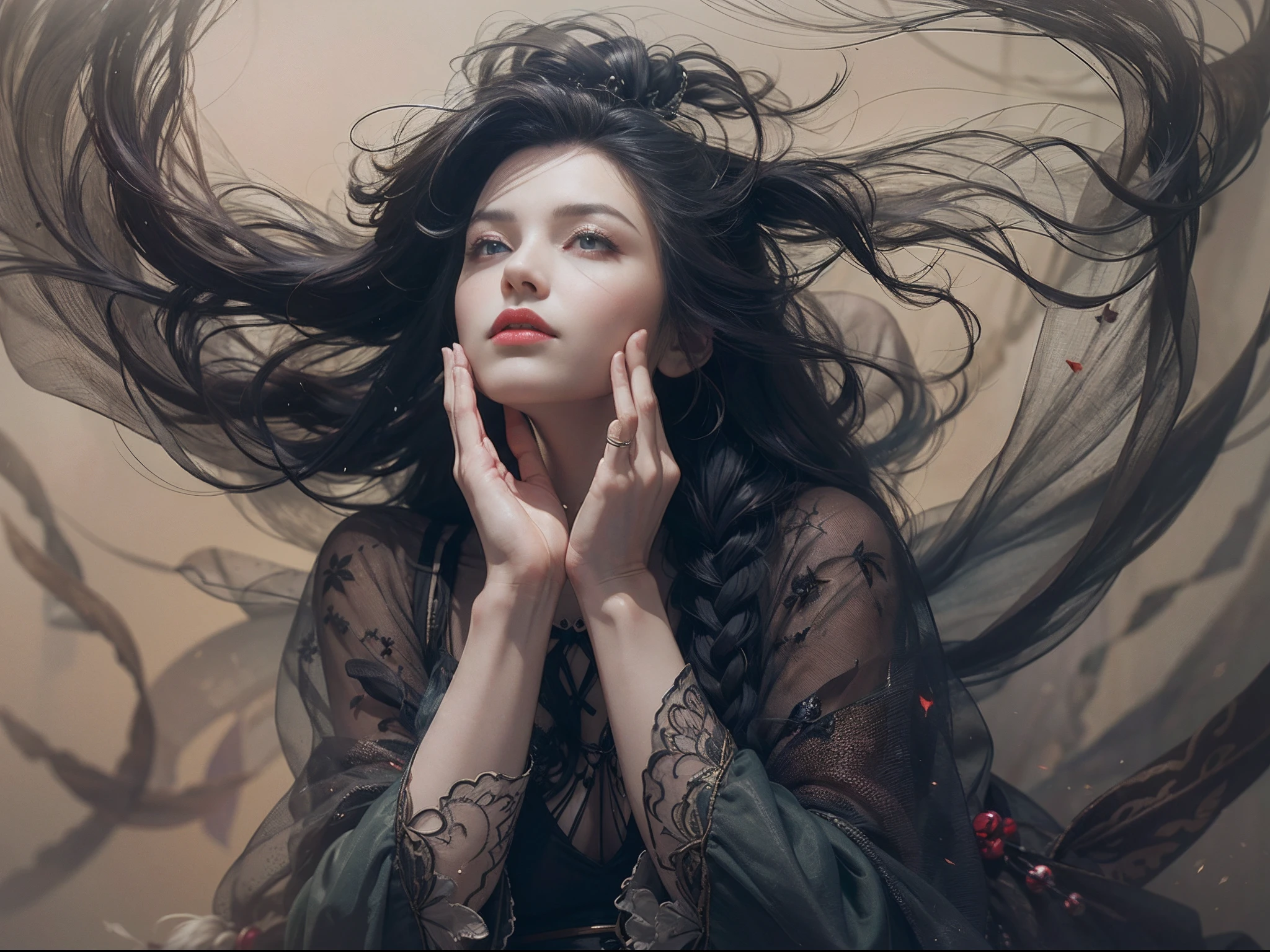((Sharp-eyed woman)), ((Works by Agnes Cecil : 1.7)), Black hair, Dancing, Foggy, (from the rear:1.4), Dutch Angle, afterimage、afterimage, (Dynamic movement:1.9), negative space, minimalism, (delicate illustration : 2.0), (Anatomically correct number and shape of fingers), masuter piece, awardwinning, Cinematic scene, Long braided hair, Western witches、Evil Research、Dark Spirits and Rituals、 Enchanted World、Witch in Dynamic Pose、Old and lonely rococo clothes, 35-year-old witch, Challenging, Portrait of an Eastern European woman, an elegant woman, Traditional beauty, portrait shot, long braided hairstyle, Beautiful pictures, dynamic compositions、 The background is decadent, Gothic, Strength and brilliance、solitude、afterimage、light and shadows、Enchanted World、Beautiful fece、