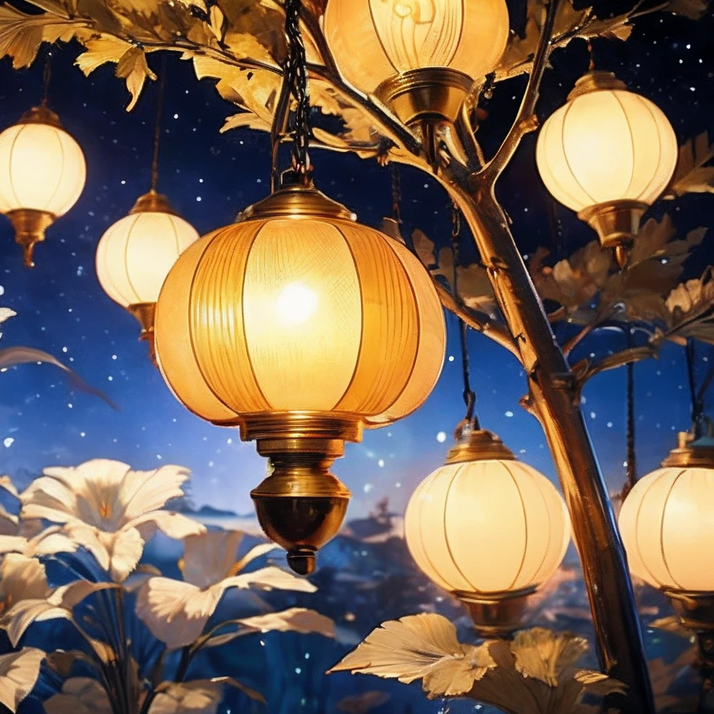 A close-up of a very beautiful hand holding a Kong Ming lantern，under the starry night sky