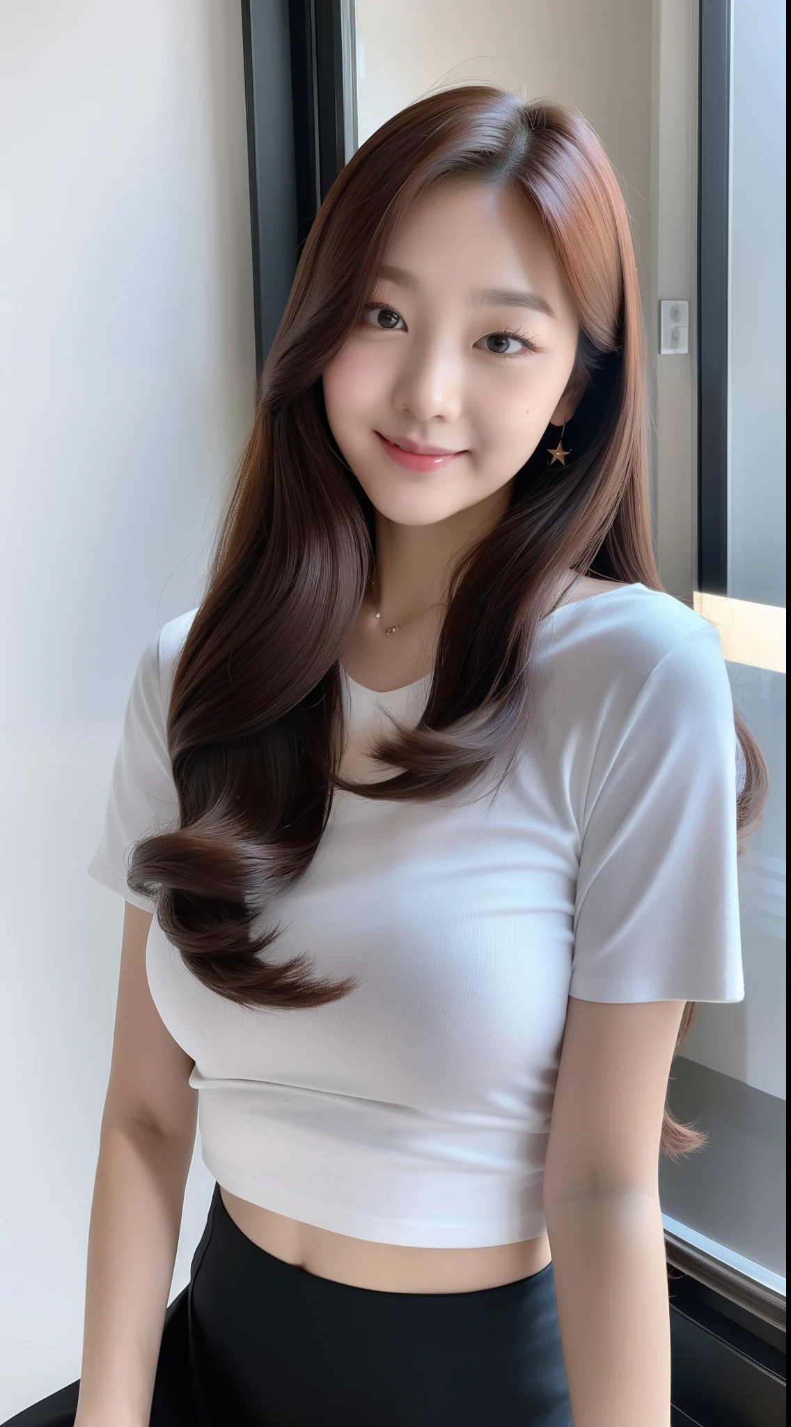 realistic photos of (1 cute Korean star), hair two side up, white skin, thin makeup, 32 inch breasts size, slightly smile, wearing brown shirt, black skirt, nearcthe office window, cut-in, 16k