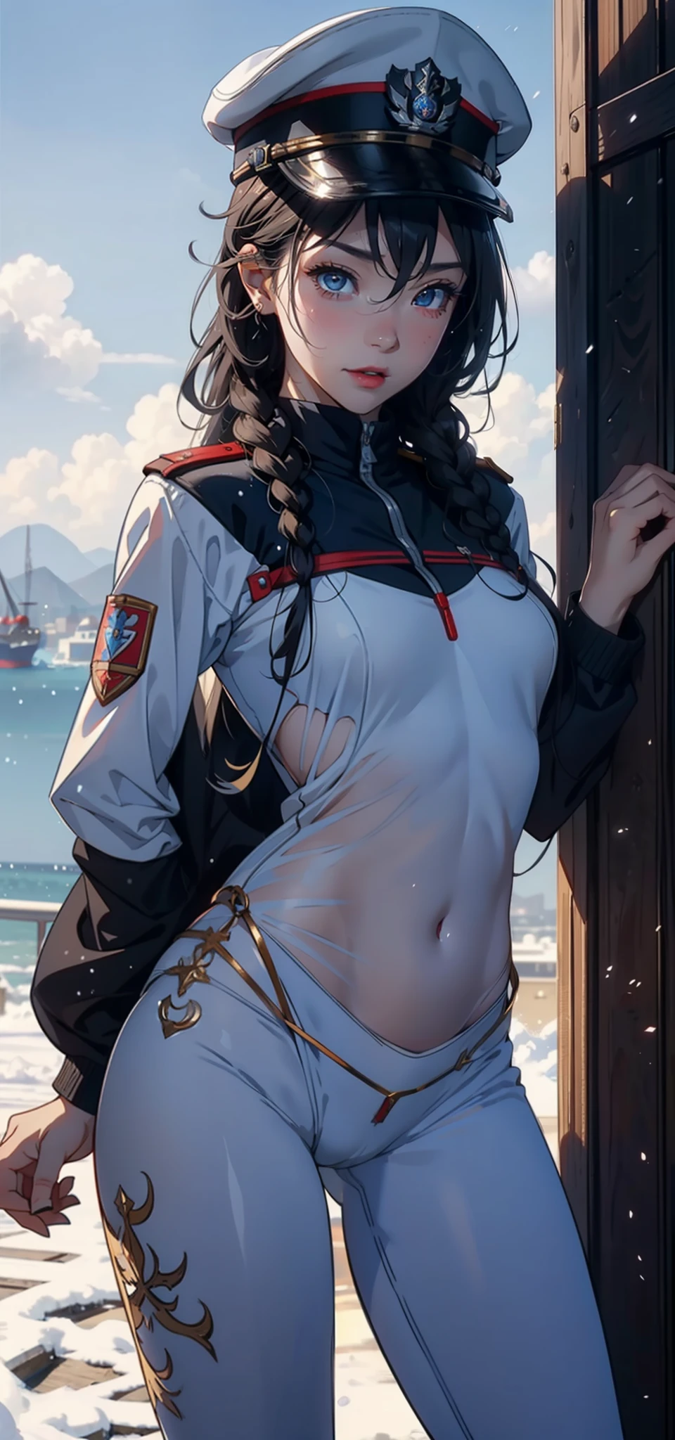 1womanl,,bit girl,Small loli,smalluboob,Raised sexy,Pornographic exposure, 独奏,Beauty contests,standing on your feet(Background with:the sea,snow mountains,warships,at winter season,Blizzarding,Big snowflakes)On warships, with his long black hair,Long hair flutters in the wind,dynamicposes,Sweat profusely,drenched all over the body,seen from the front, hair straight, mostly cloudy sky,(((tmasterpiece),(Very detailed CG unity 8K wallpaper),best qualtiy,cinmatic lighting,detailed back ground,beatiful detailed eyes,Bright pupils,(Very fine and beautiful),(Beautiful and detailed eye description),Blue eyes,Redlip,ultra - detailed,tmasterpiece,)),facing at camera,(The upper part of the body),A high resolution,ultra - detailed),revealing breasts,Bare genitalia, Bulge,legs are open,sexyposture,Camel toes,Flushed complexion,Open-mouthed,frontage,Soviet officer,Officer's cap,elementary student(Wearing:White cloak,down jacket,White winter officer uniform,Sexy leggings,Armour,Gold wire embroidery,Snowflake decoration)