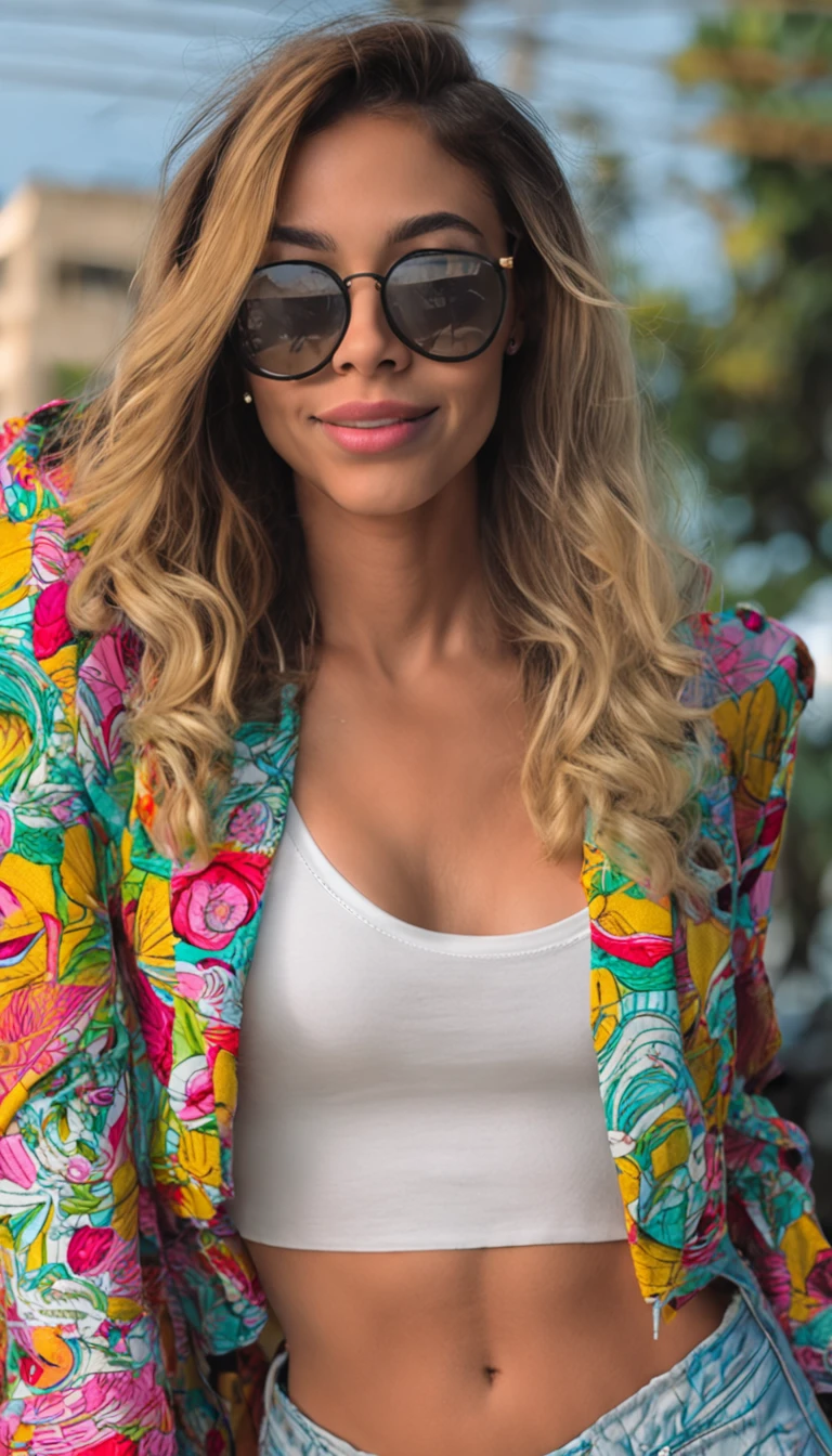 europeia, 20 anos, olhos verdes, cabelos loiros escuros ondulados, face redonda, Sorridente, boca aberta, baixa estatura, Voluptuoso e sexy, Camisa branca vestida meio aberta, Saia xadrez curta com cores vermelha e preta, seios medio, Fotorealista, Concentrado, max quality, artistic work, City background at night with neon lights. 1 meninao amarelo do Superman, bodysuit amarelo capa, de frente para longe. Comics. Byrne. Alex Ros