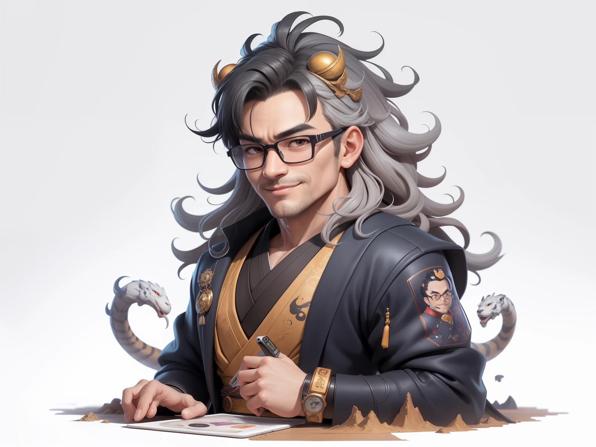 (Masterpiece), (Excellent), (Super Meticulous), (Full Body: 1.2), Super Young Man with Japanese Female Geisha, Pretty, Beautiful, Chinese Dragon, Tiger, Wind God Thor, Sexy, Bursting, Oriental Face, TV Anchor, Bust Portrait Illustration, Black Suit, Blue Tie, Slightly Chubby Face, Silver Glasses, Very Clean Face, No Beard on Chin, Black Super Short Hair, Black Eyes, Confident Smile, 3c Computer Sub-Products, iPad, iPhone, Digital Painting, 3D character design by Mark Clairedon and Pixar and Hayao Miyazaki and Akira Toriyama, the illustrations are HD illustrations in 4K resolution with highly detailed facial features and cartoon-style visuals.