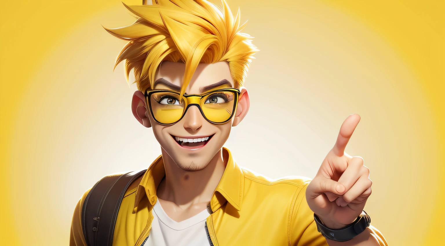 man with yellow quiff hair, wearing round glasses, yellow clothes, pointing out, happy expression,white background,style of a Disney Pixar cartoon