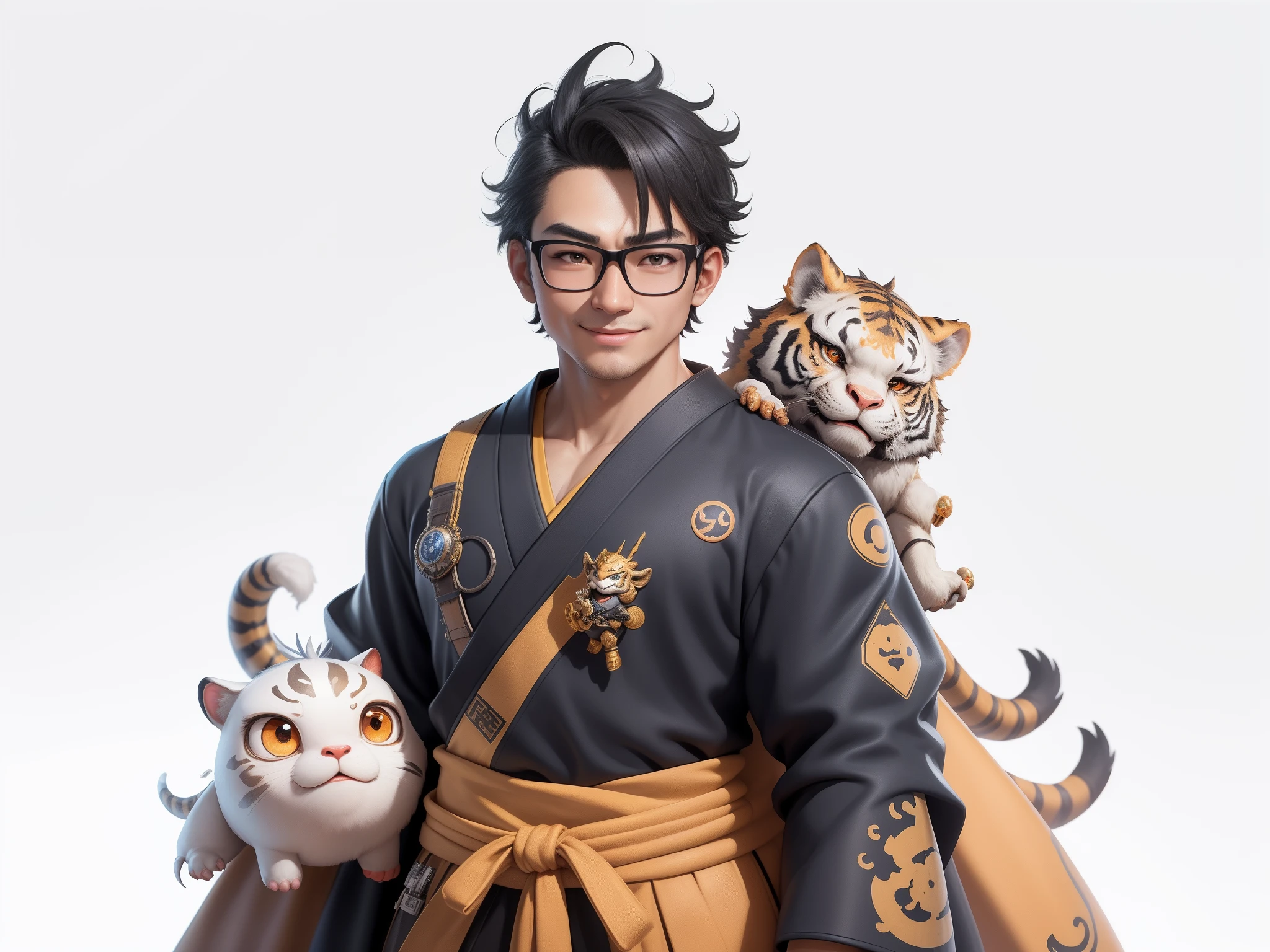 (Masterpiece), (Excellent), (Super Meticulous), (Full Body: 1.2), Super Young Man with Japanese Female Geisha, Pretty, Beautiful, Chinese Dragon, Tiger, Wind God Thor, Sexy, Bursting, Oriental Face, TV Anchor, Bust Portrait Illustration, Black Suit, Blue Tie, Slightly Chubby Face, Silver Glasses, Very Clean Face, No Beard on Chin, Black Super Short Hair, Black Eyes, Confident Smile, 3c Computer Sub-Products, iPad, iPhone, Digital Painting, 3D character design by Mark Clairedon and Pixar and Hayao Miyazaki and Akira Toriyama, the illustrations are HD illustrations in 4K resolution with highly detailed facial features and cartoon-style visuals.