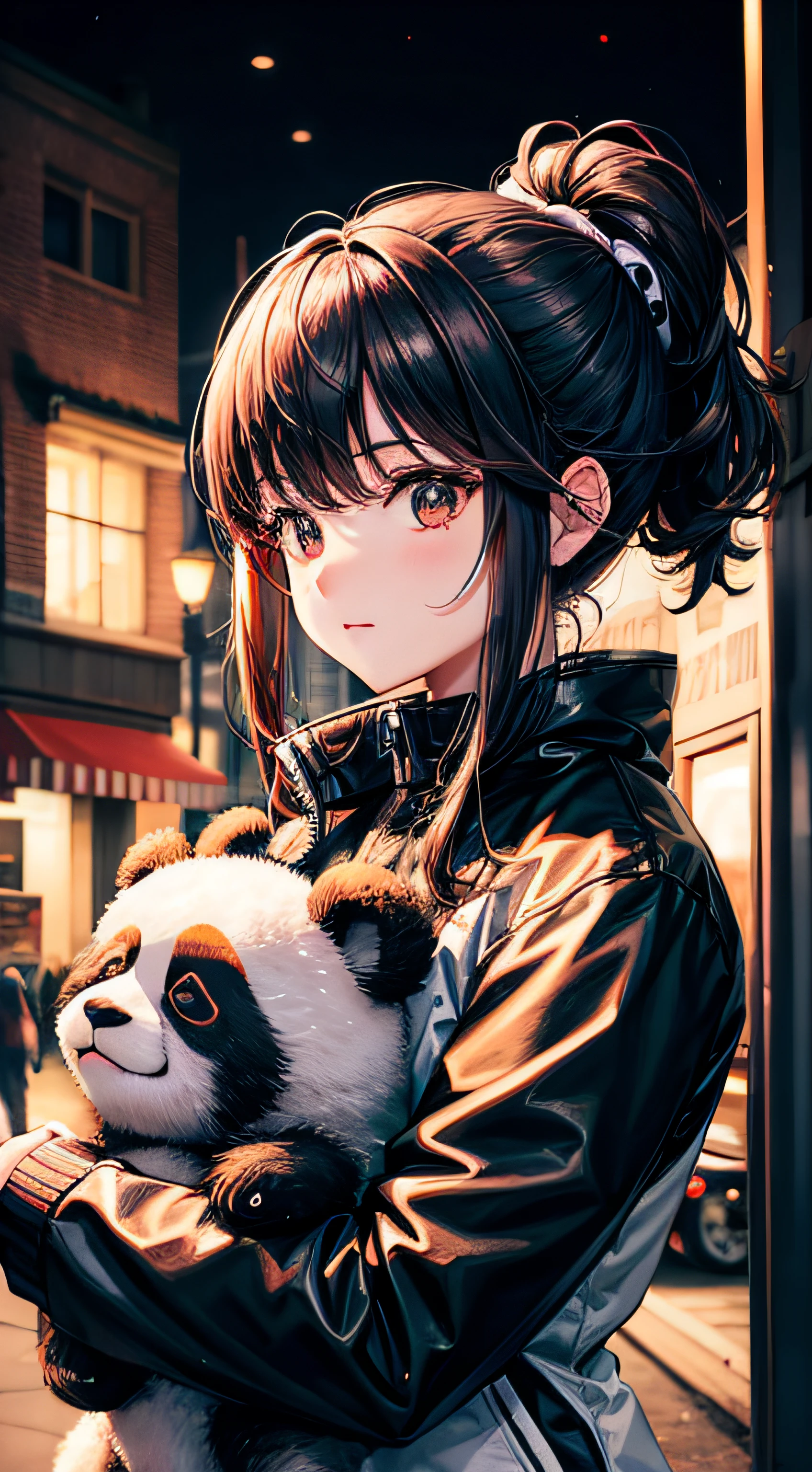 a woman wearing a panda jacket, outside, at night, upper body