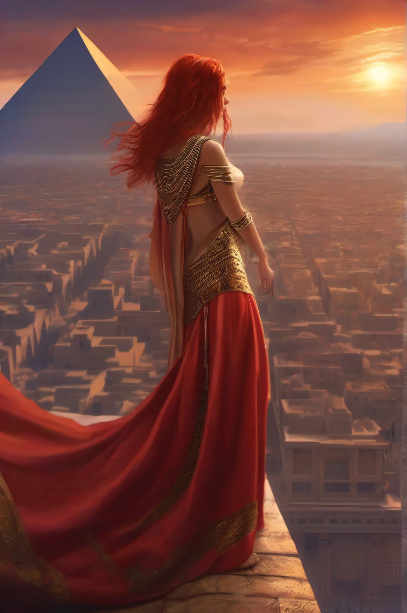 A beautiful red-haired girl with big breasts wearing a short wide-open red-golden-Egyptian cloak, on top of the Piramide from Cheops looks down over the Egyptian old City.