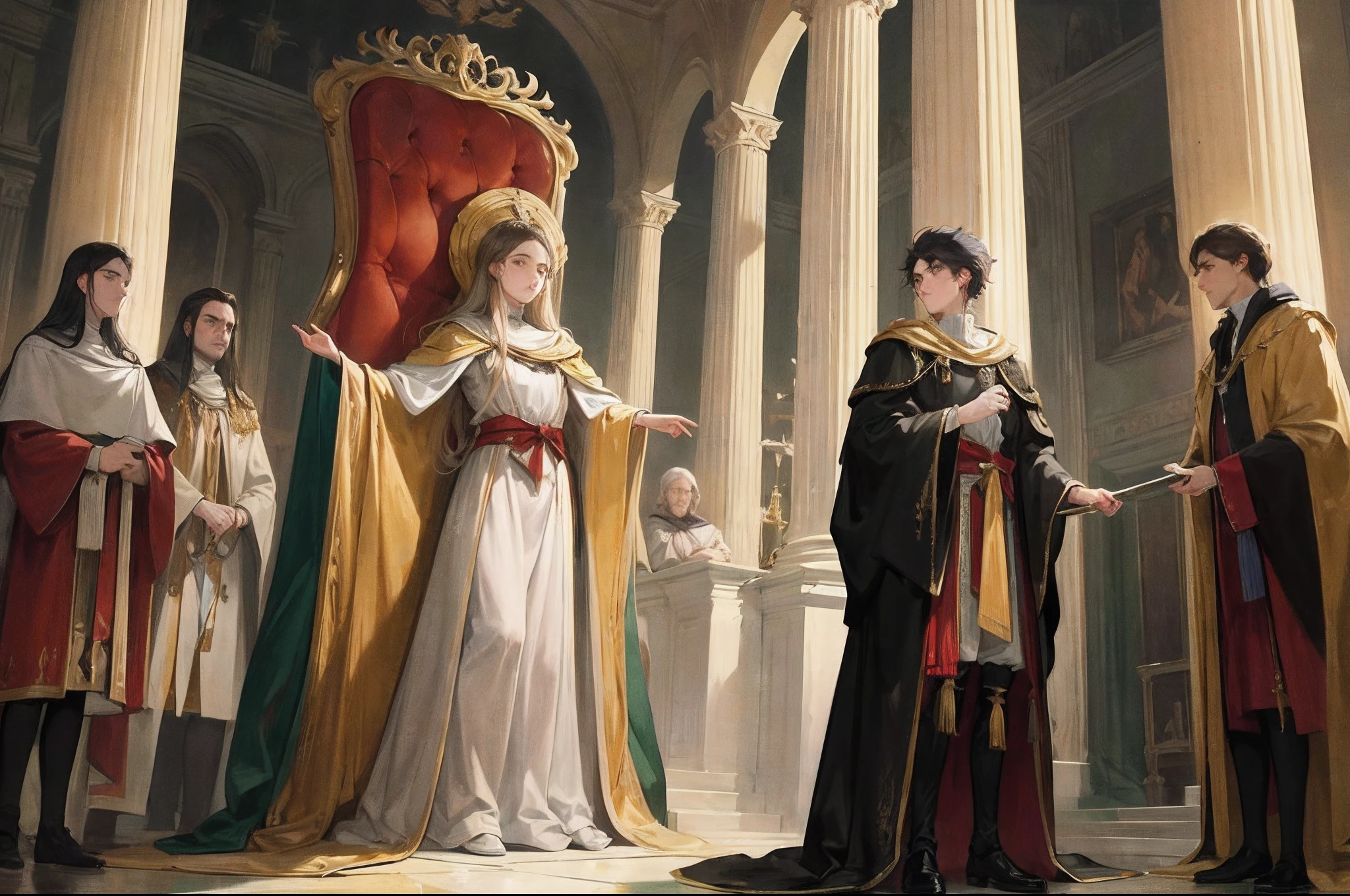 Illustrate the tense moment when Pythias stands before the tyrant Dionysius,defending his beliefs and principles. The grand throne room adds an air of intimidation to the scene.