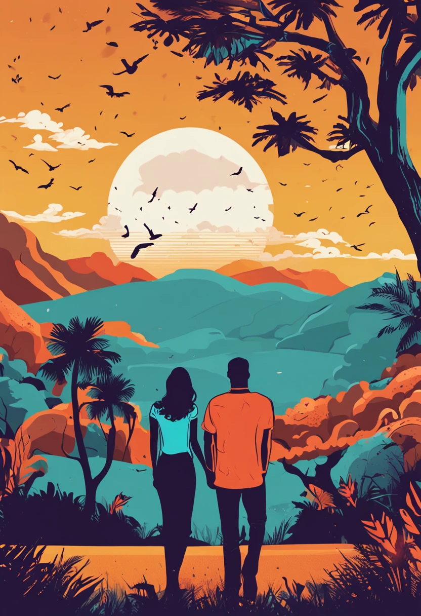 print-ready vector t-shirt design, Scene of couple in love under a tree, com bela lua noturna e montanha ao fundo, fundo branco limpo, vetor profissional, tiro completo, 8K resolution, Deep print illustration