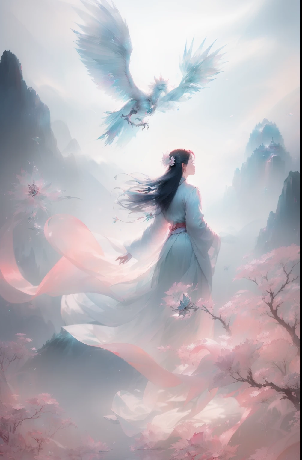 ((((1 girl)))),(white Chinese robe),
In a captivating scene, a beautiful woman adorned in a flowing white Chinese robe soars through the misty clouds on the back of a majestic Chinese phoenix. The wind gently lifts her robe, accentuating the sense of flight as they gracefully navigate the ethereal cloudscape.