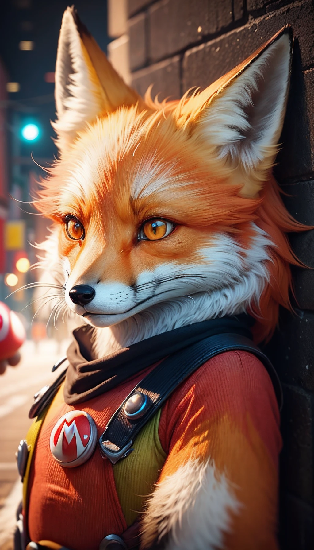 Masterpiece, Best Quality, personage (red fox:1.2) In costume (Super Mario:1.3) , in the city, Ghibli Style Studio, Akira Toriyama, Genshin Impact, 4k, bright colours, devinart, Trending on ArtStation, illustartion,Beautiful detailed glow,detailed lighting,(beautiful detail eyes:1.1),expressionless,