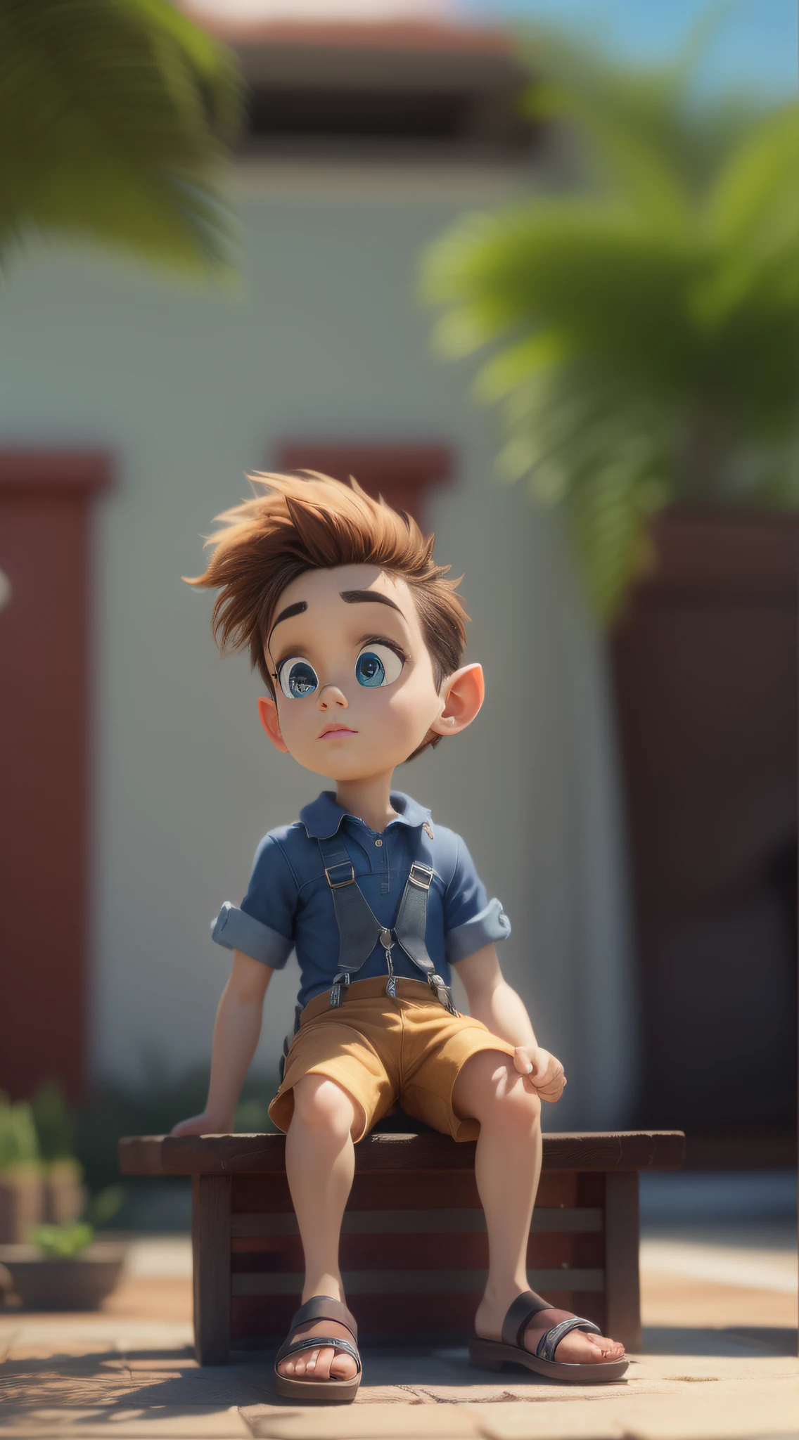 There is a poster，It features a boy sitting on a roof，short detailed hair，Denim suspenders，The barefoot，depth of fields，high light，Real light，Ray traching，Animation-style rendering，movie picture quality，style of disney animation，oc rendered，Hyper-realistic，best qualtiy，8K，Works of masters，super-fine，Detailed pubic hair，Correct anatomy，sharp focus on eyes，Bokeh，Facial features are carefully depicted