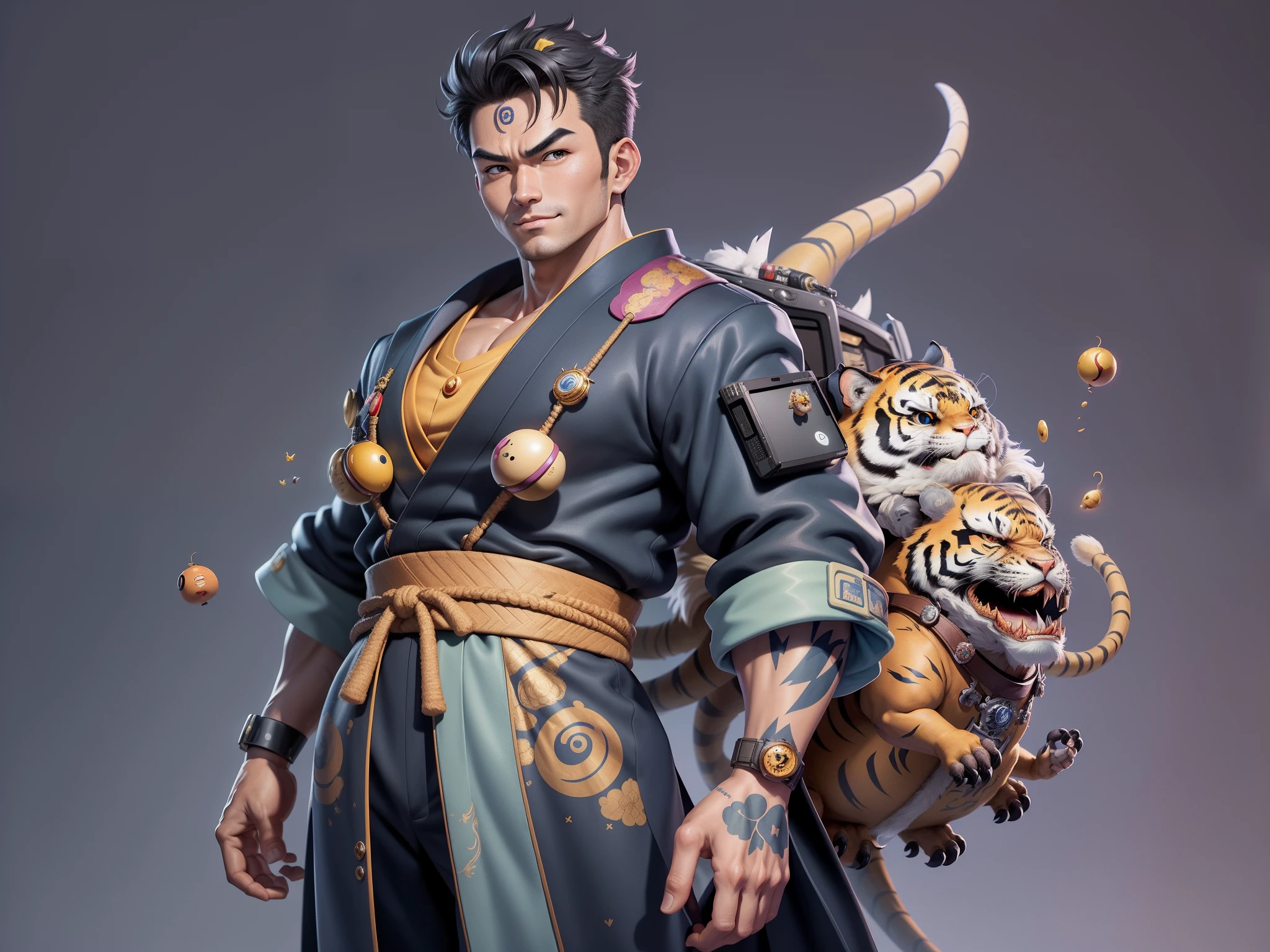 (Masterpiece), (Excellent), (Super Meticulous), (Full Body: 1.2), Super Young Man, Oriental Face, Japanese Kimono, Japanese Wind Thunder God, Dragon, Tiger, TV Anchor, Bust Portrait Illustration, Alone, Black Suit, Blue Tie, Slightly Chubby Face, Very Clean Face, No Beard, Black Super Short Hair, Black Eyes, Confident Smile, 3c Computer Sub-Products, iPad, iPhone, Digital Painting, 3D Character Design by Akira Toriyama and Mark Claireden and Pixar and Hayao Miyazaki, The illustration is a high-definition illustration in 4K resolution with very detailed facial features and cartoon-style visuals.
