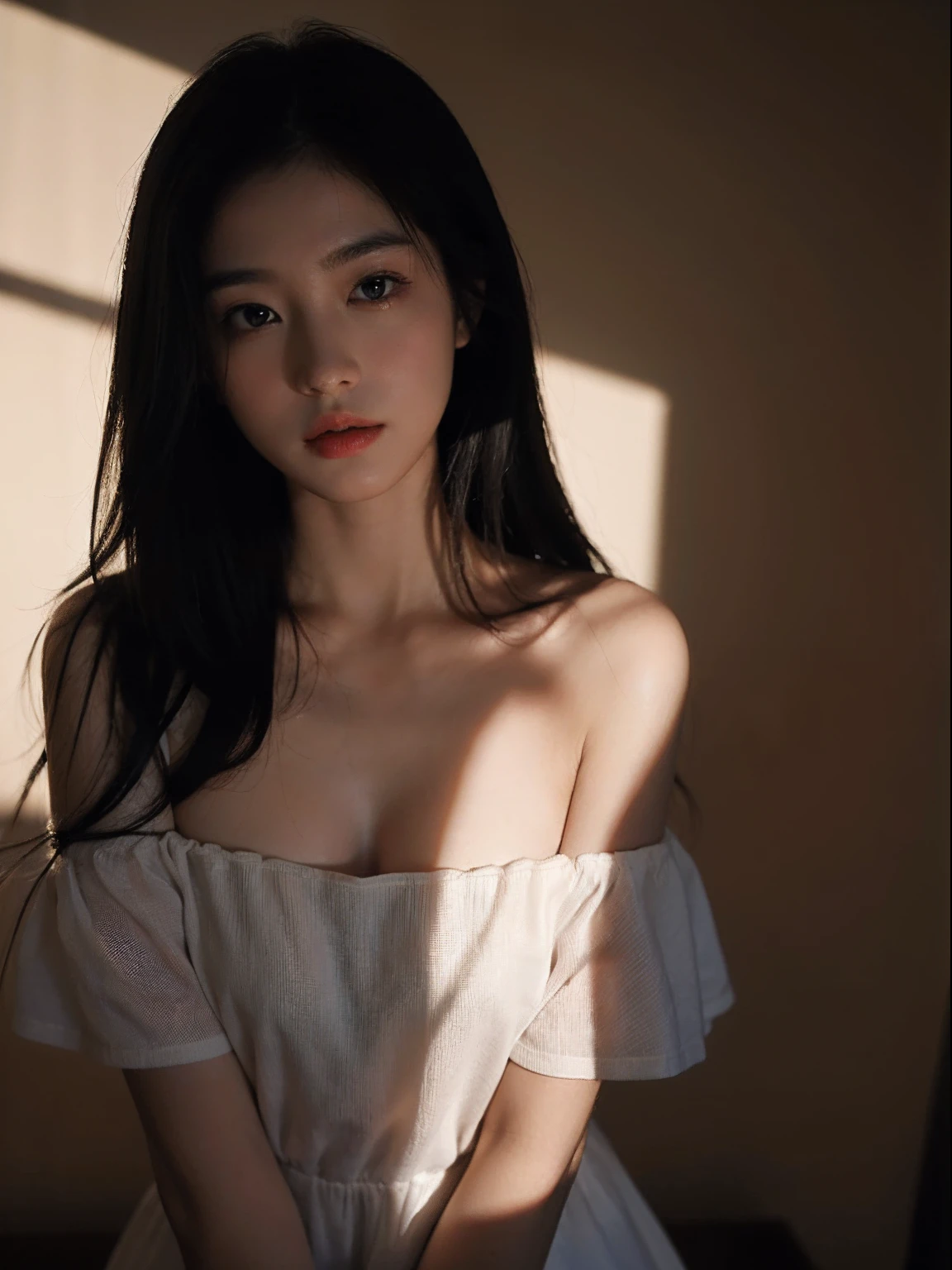 top-quality、masterpiece、超A high resolution、(Photorealsitic:1.4)、Raw photo、1girl in、off shoulders、dark、deep-shadows、lowkey、Cold Light、Contre-Jour