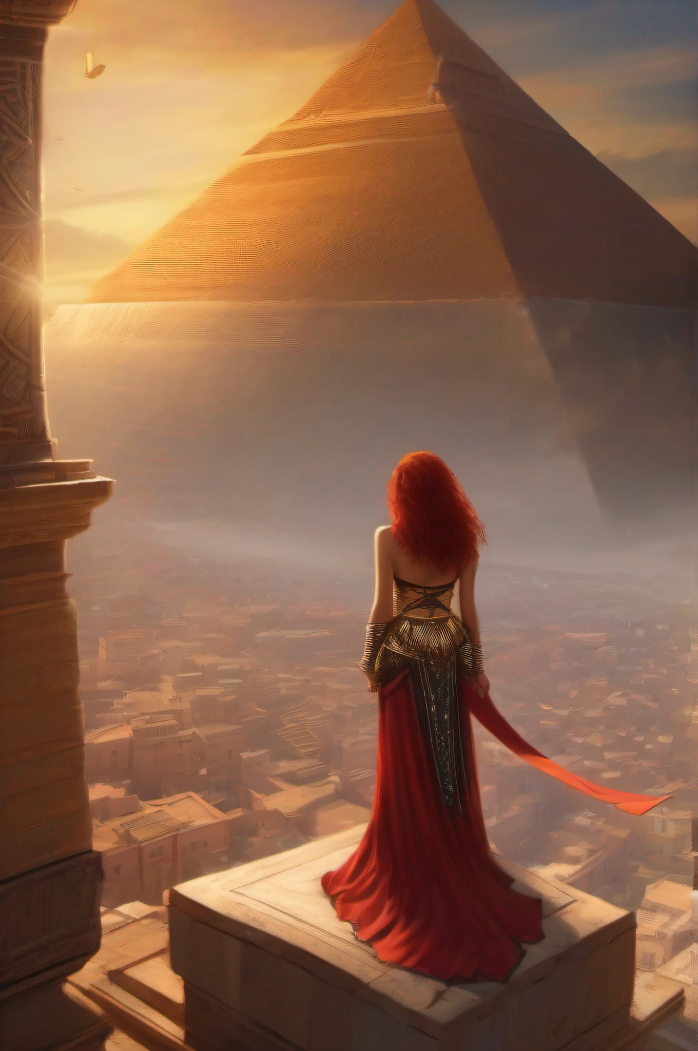 A beautiful red-haired girl with big breasts wearing a short wide-open red-golden-Egyptian cloak, on top of the Piramide from Cheops looks down over the Egyptian old City.