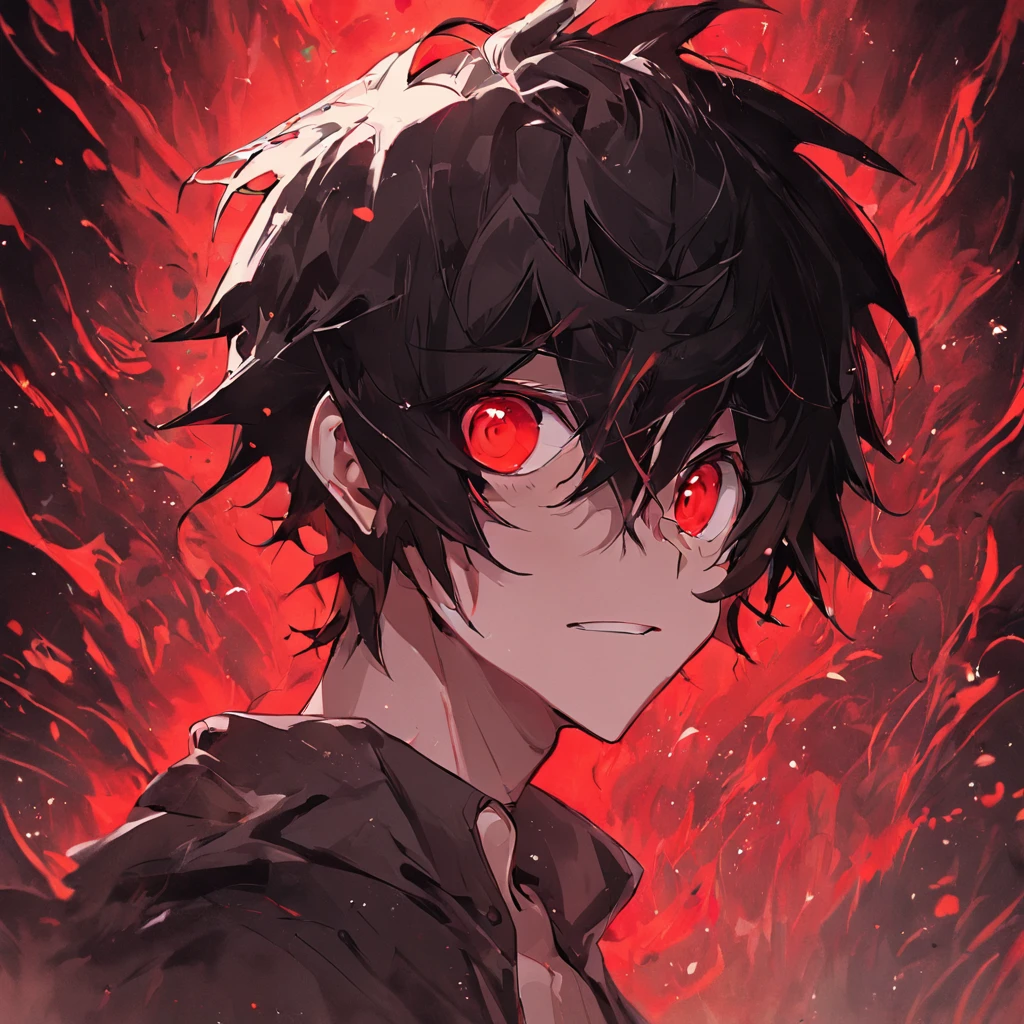 Man, , long black hair, black and white sweatshirt with red electricity on his body, manipulative face