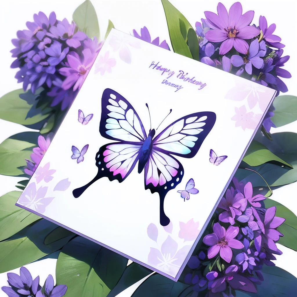 Make a template for Birthday greeting card design , , white background, lavender, realistic, minimal design, butterfly