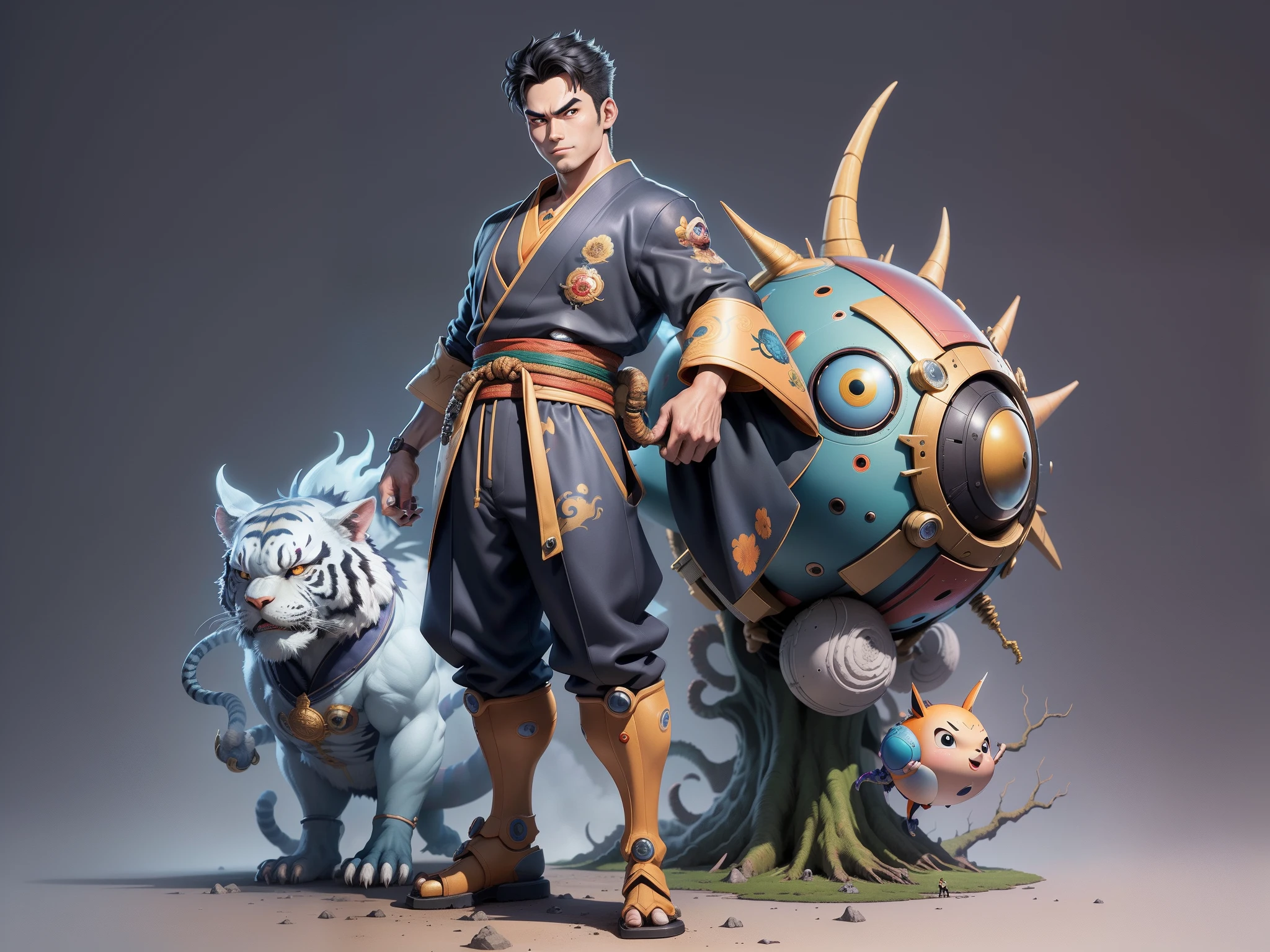 (Masterpiece), (Excellent), (Super Meticulous), (Full Body: 1.2), Super Young Man, Oriental Face, Japanese Kimono, Japanese Wind Thunder God, Dragon, Tiger, TV Anchor, Bust Portrait Illustration, Alone, Black Suit, Blue Tie, Slightly Chubby Face, Very Clean Face, No Beard, Black Super Short Hair, Black Eyes, Confident Smile, 3c Computer Sub-Products, iPad, iPhone, Digital Painting, 3D Character Design by Akira Toriyama and Mark Claireden and Pixar and Hayao Miyazaki, The illustration is a high-definition illustration in 4K resolution with very detailed facial features and cartoon-style visuals.