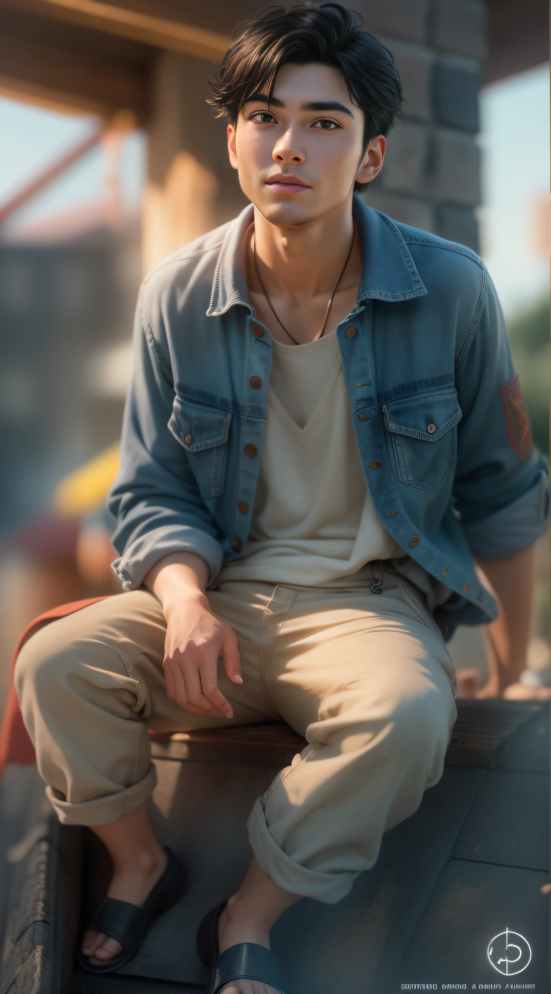 There is a poster，It features a boy sitting on a roof，short detailed hair，Denim suspenders，The barefoot，depth of fields，high light，Real light，Ray traching，Animation-style rendering，movie picture quality，style of disney animation，oc rendered，Hyper-realistic，best qualtiy，8K，Works of masters，super-fine，Detailed pubic hair，Correct anatomy，sharp focus on eyes，Bokeh，Facial features are carefully depicted