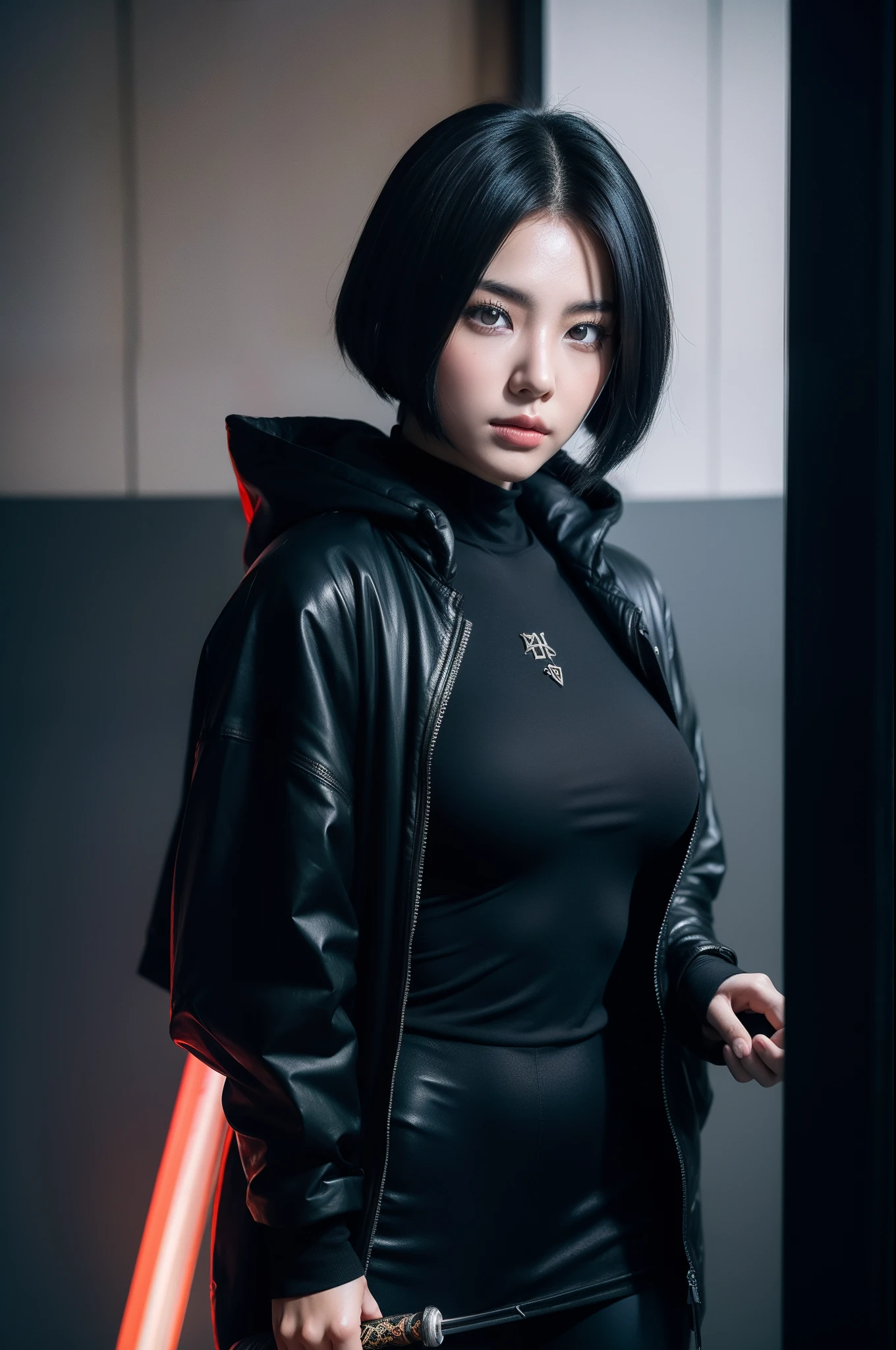 anime girl in a black outfit with a sword in her hand, very beautiful cyberpunk samurai, digital cyberpunk anime art, anime cyberpunk art, cyberpunk anime girl mech, cyberpunk anime girl, cyberpunk anime art, female cyberpunk anime girl, cyberpunk geisha, digital cyberpunk - anime art, cyberpunk samurai, anime style 4 k, badass anime 8 k, cyberpunk anime girl in hoodie, beautiful south korean woman, korean girl, beautiful young korean woman, korean woman, heonhwa choe, korean women's fashion model, sexy look, big breast, sexy pose, show breast, light black hair