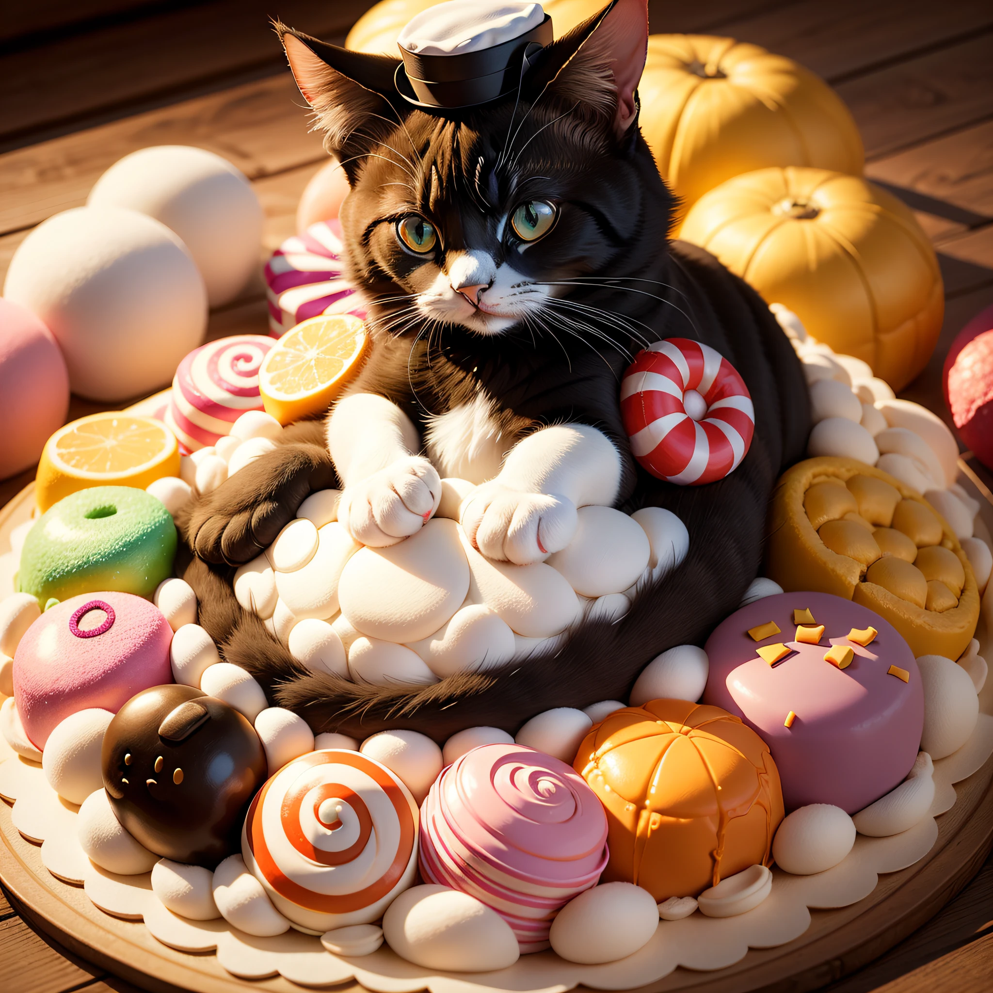 Make a logo with lots of sweets, a cat in the middle with 1 cook's hat --auto